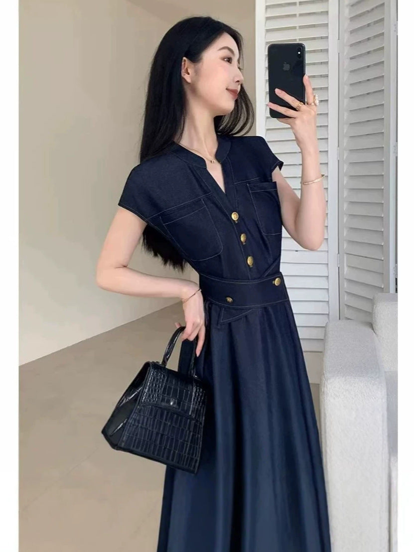 Vestido de ganga da moda, saia de manga curta simples de manga curta de verão de comprimento médio, vestido slip, 5723 para apertar a cintura e emagrecer