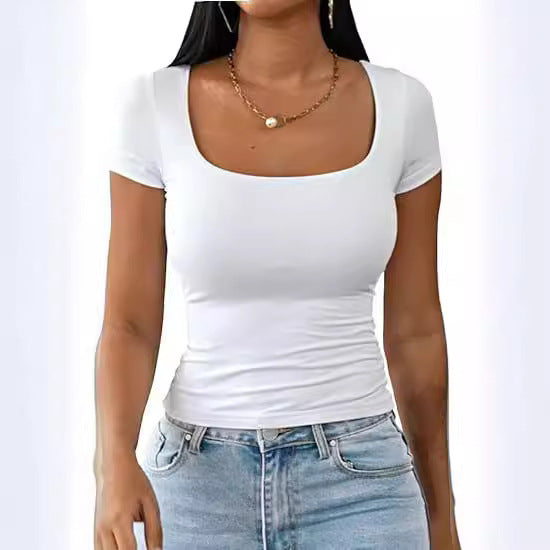 Blusa Feminina Baby Tee Slim Y2K Gola U Manga Curta Moda TikTok