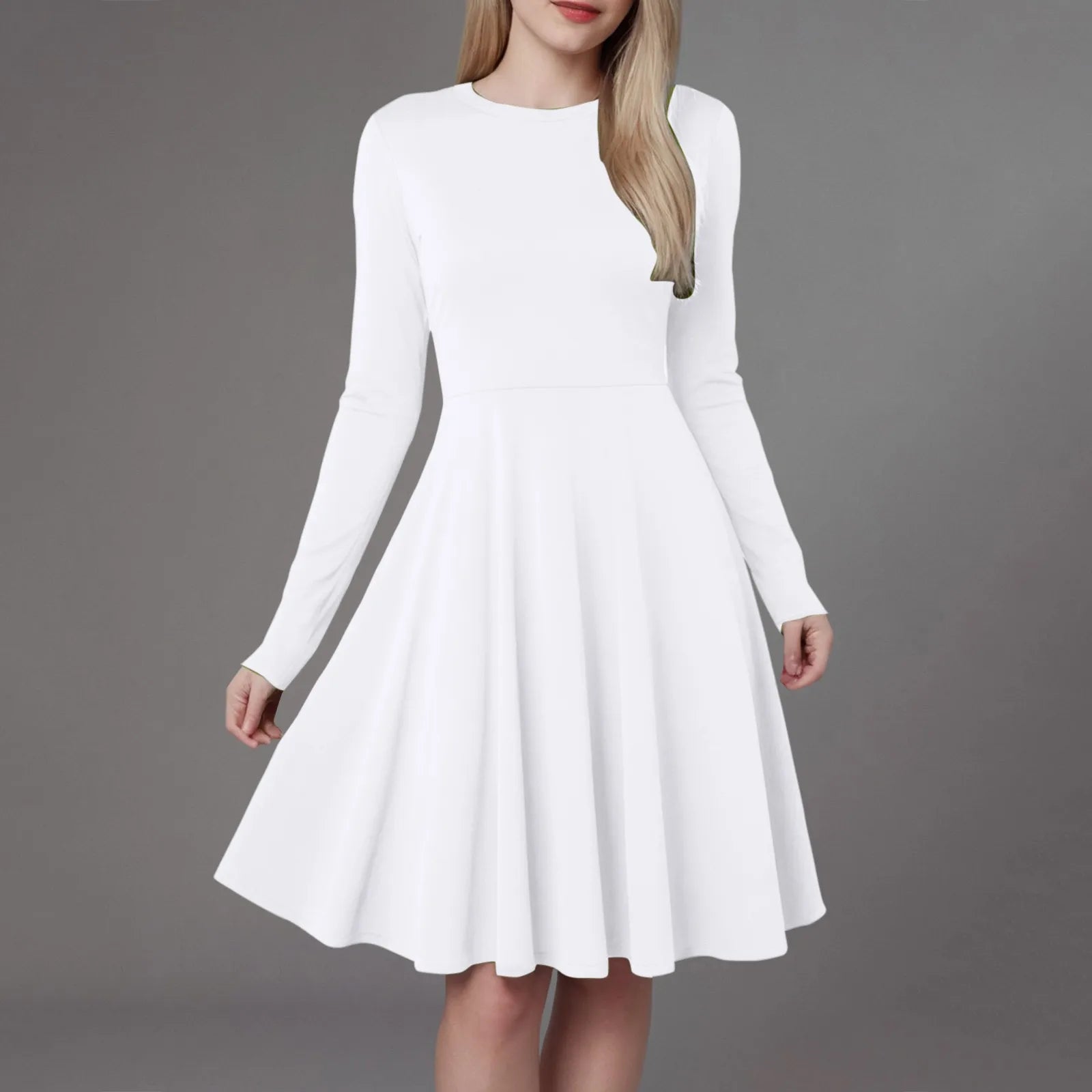 Women Elegant Short Dress Solid Color Pleated High Waist Long Sleeve A-Line Dress Autumn Winter Crew Neck Flowy Casual Dress
