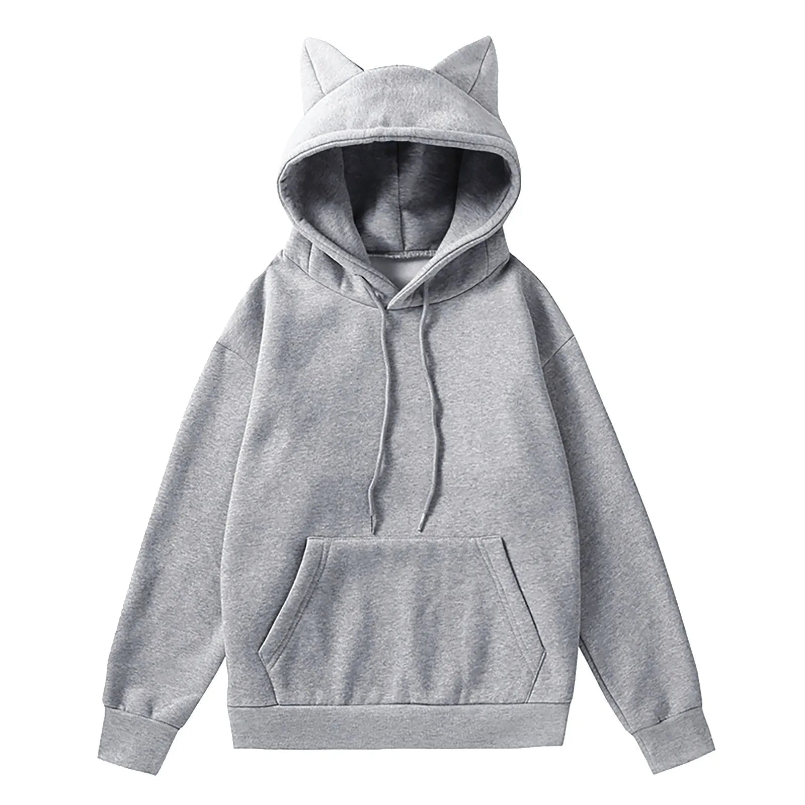 Cute Girls Fleece Sweatshirts Cat Ears Design Hooded Casual Oversized Hoodie Korean Style Solid Color Basic Sweater With Pocket