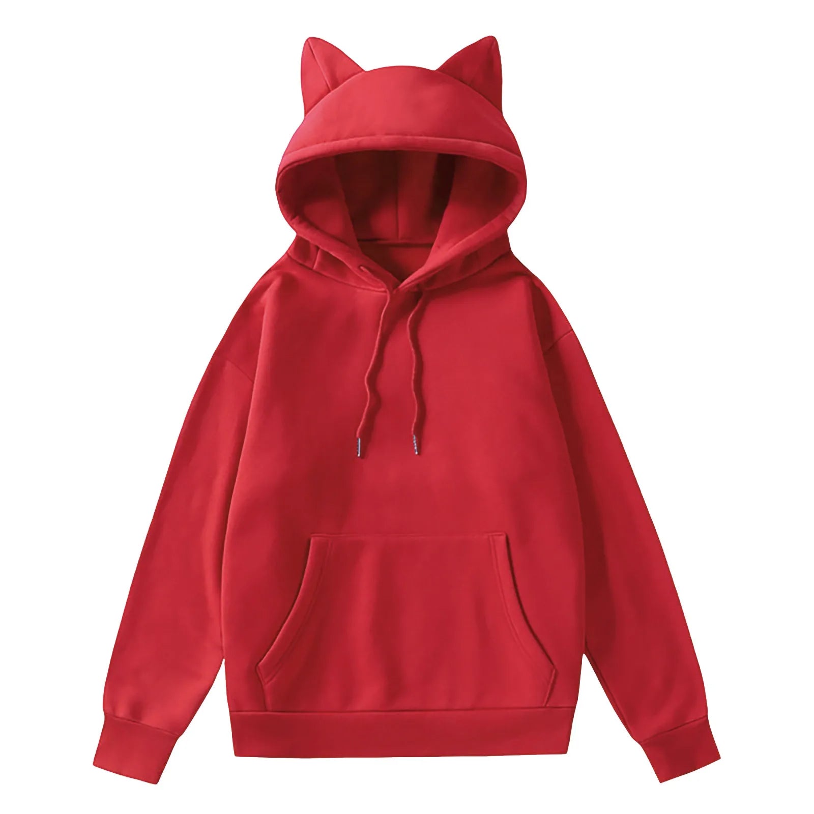 Cute Girls Fleece Sweatshirts Cat Ears Design Hooded Casual Oversized Hoodie Korean Style Solid Color Basic Sweater With Pocket