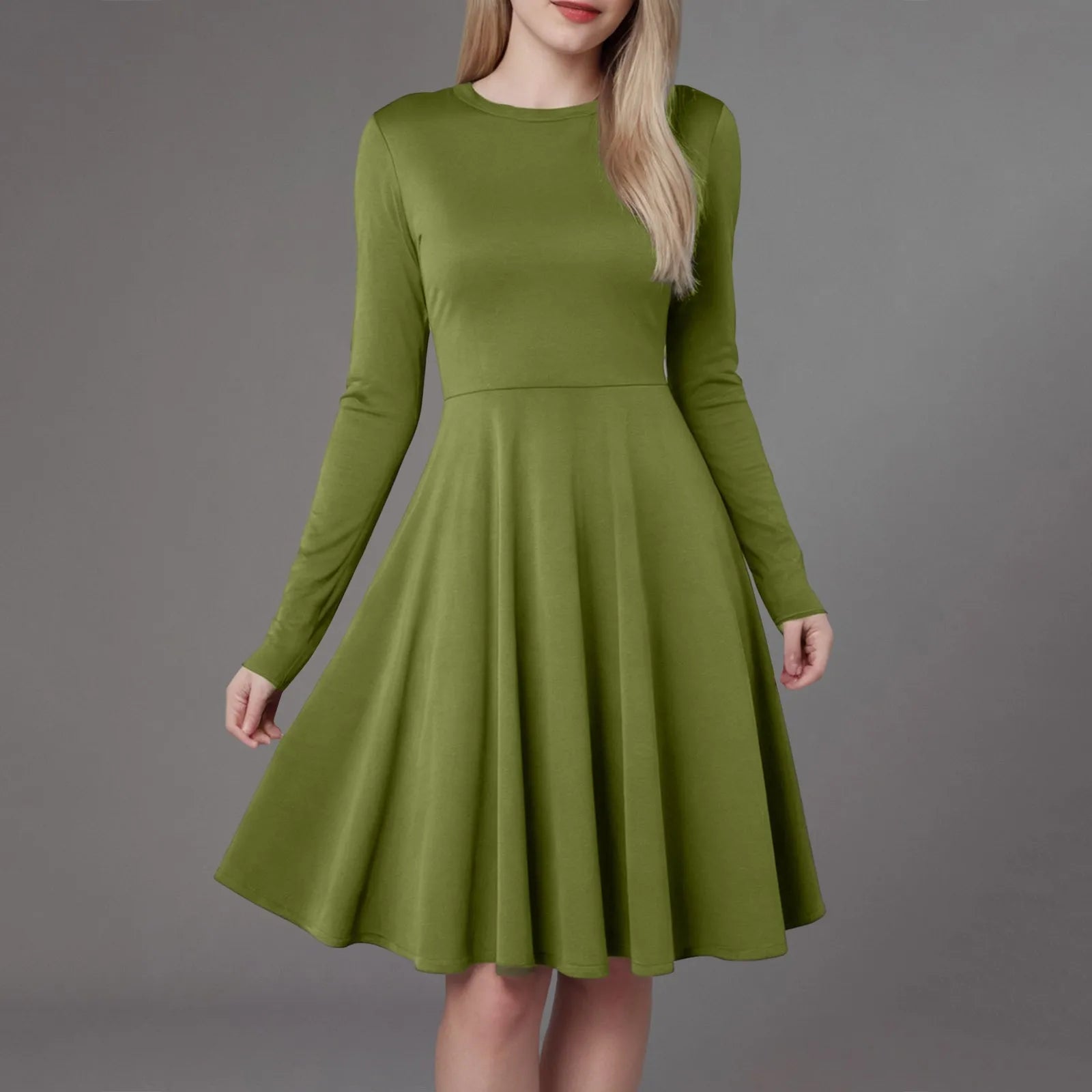 Women Elegant Short Dress Solid Color Pleated High Waist Long Sleeve A-Line Dress Autumn Winter Crew Neck Flowy Casual Dress