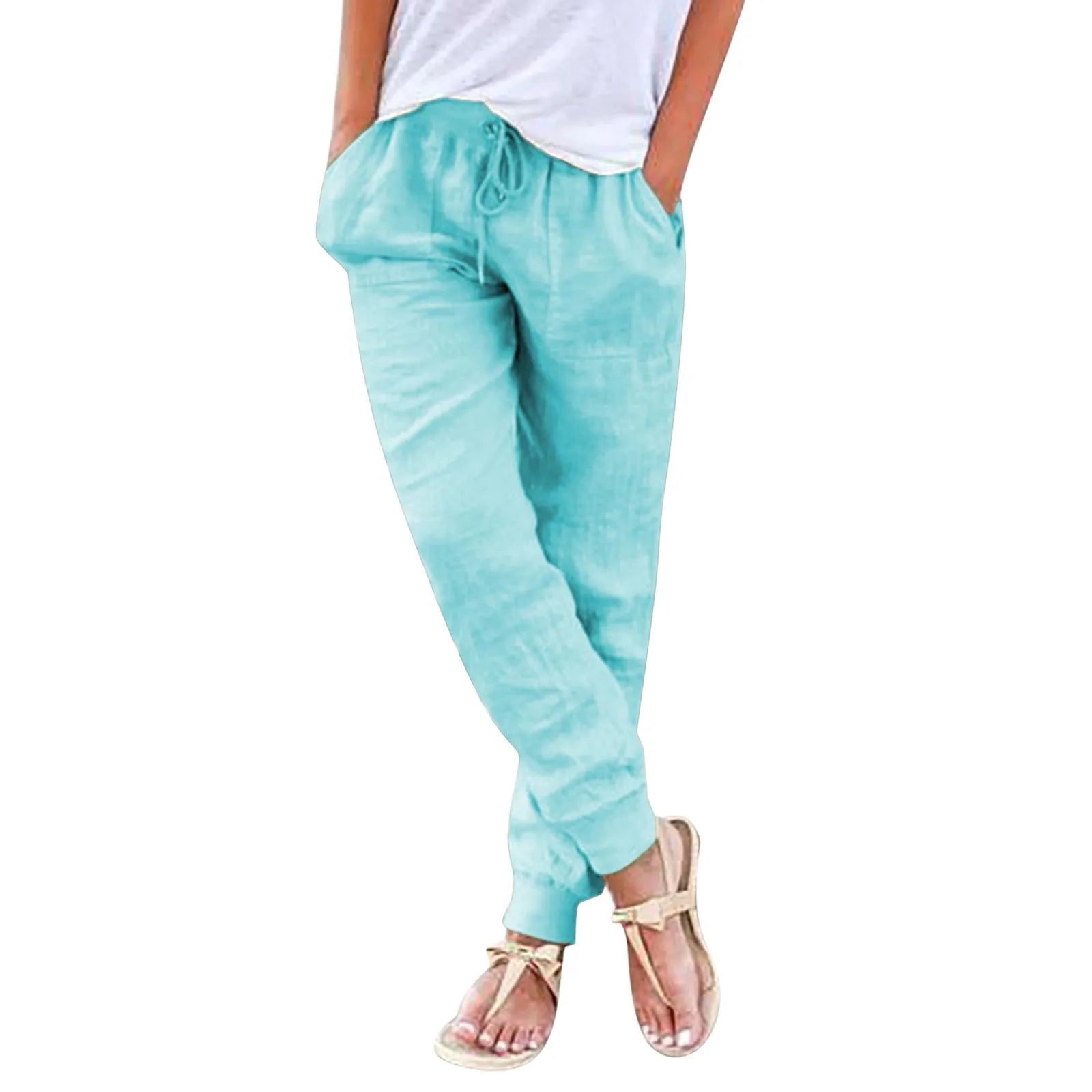 Tops Cotton Linen Drawstring Y2k Cargo Pants Women Streetwear Elastic Waist Pants Casual Trousers With Pockets Straight Trousers