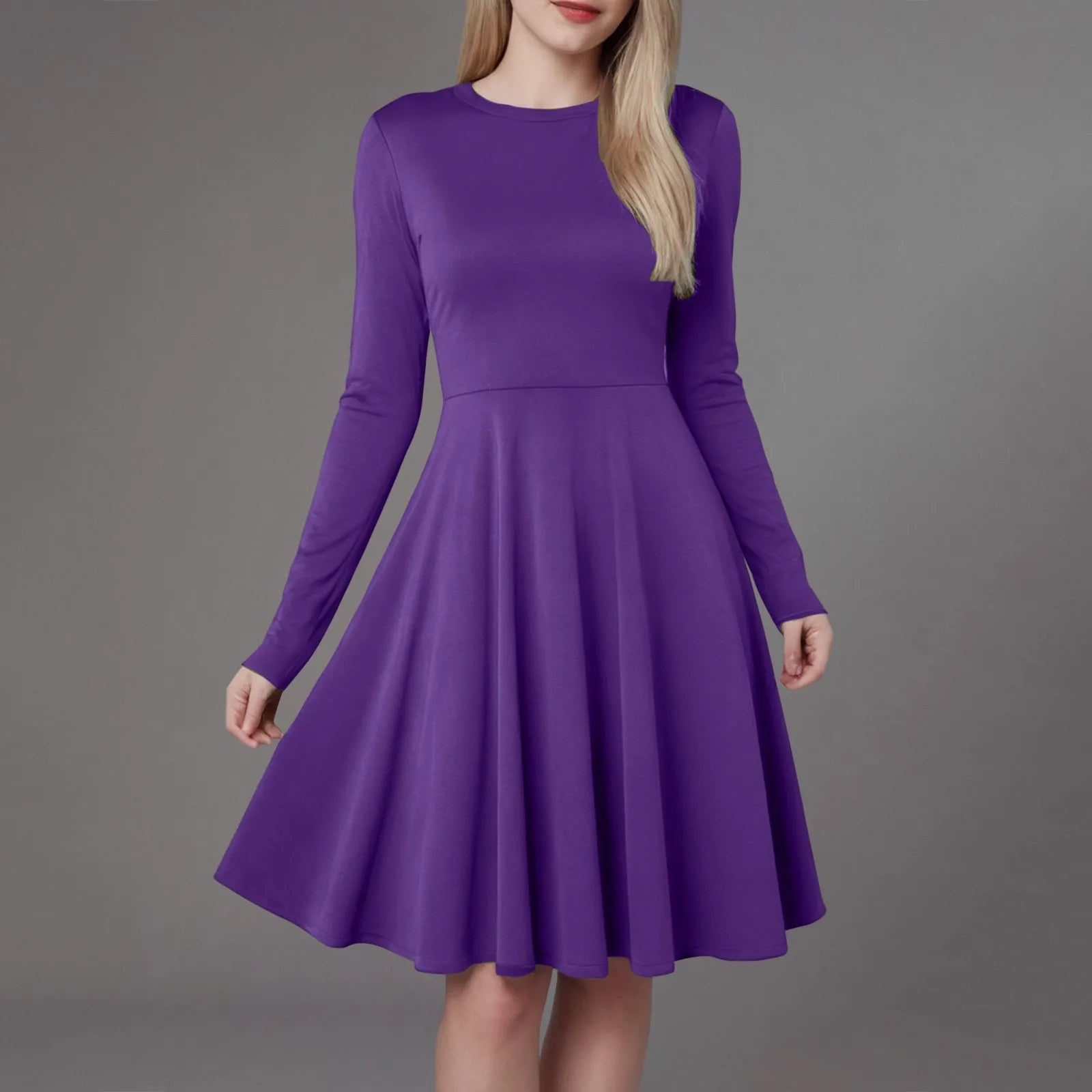Women Elegant Short Dress Solid Color Pleated High Waist Long Sleeve A-Line Dress Autumn Winter Crew Neck Flowy Casual Dress