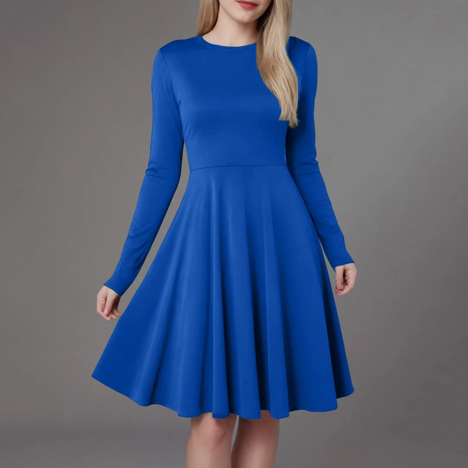 Women Elegant Short Dress Solid Color Pleated High Waist Long Sleeve A-Line Dress Autumn Winter Crew Neck Flowy Casual Dress