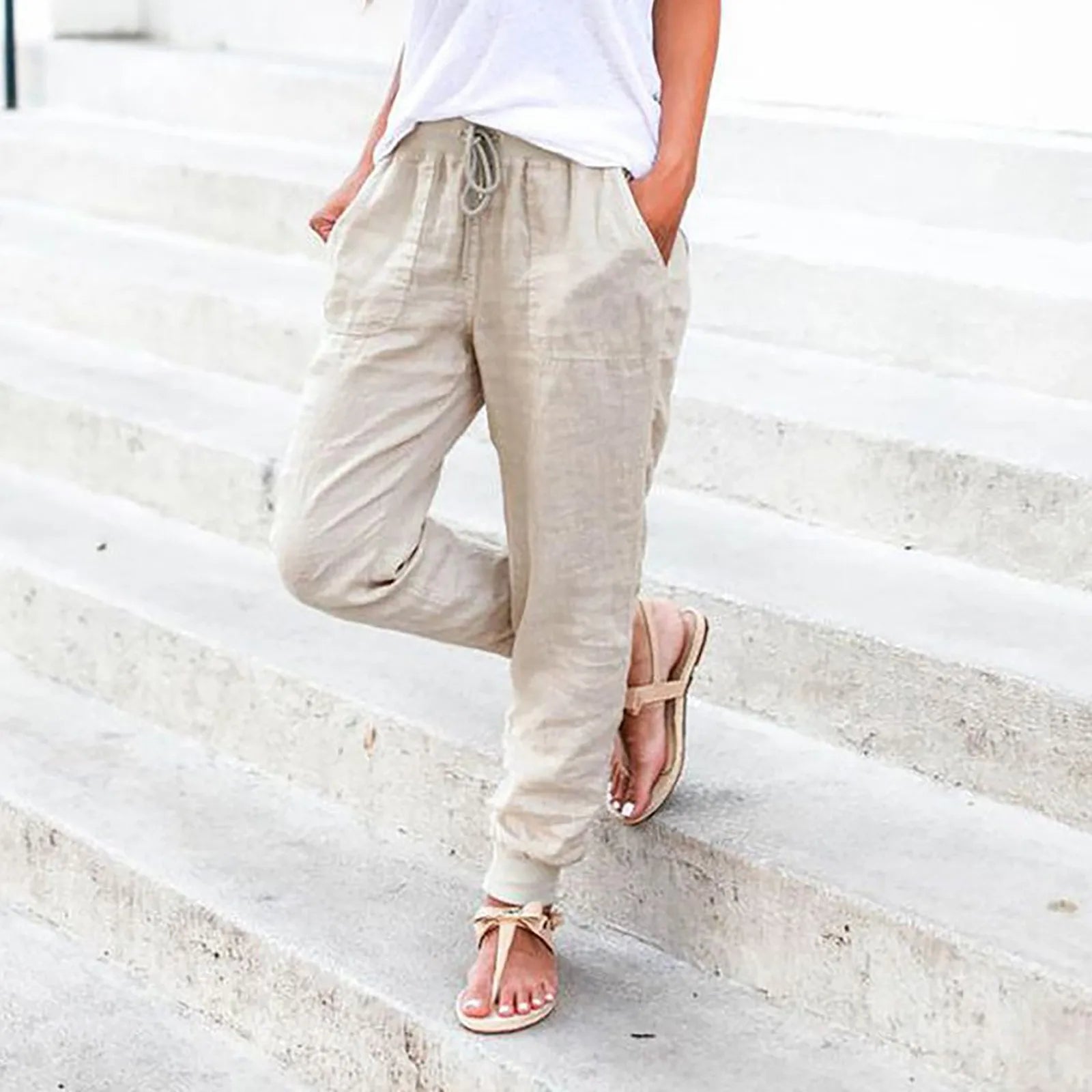 Tops Cotton Linen Drawstring Y2k Cargo Pants Women Streetwear Elastic Waist Pants Casual Trousers With Pockets Straight Trousers