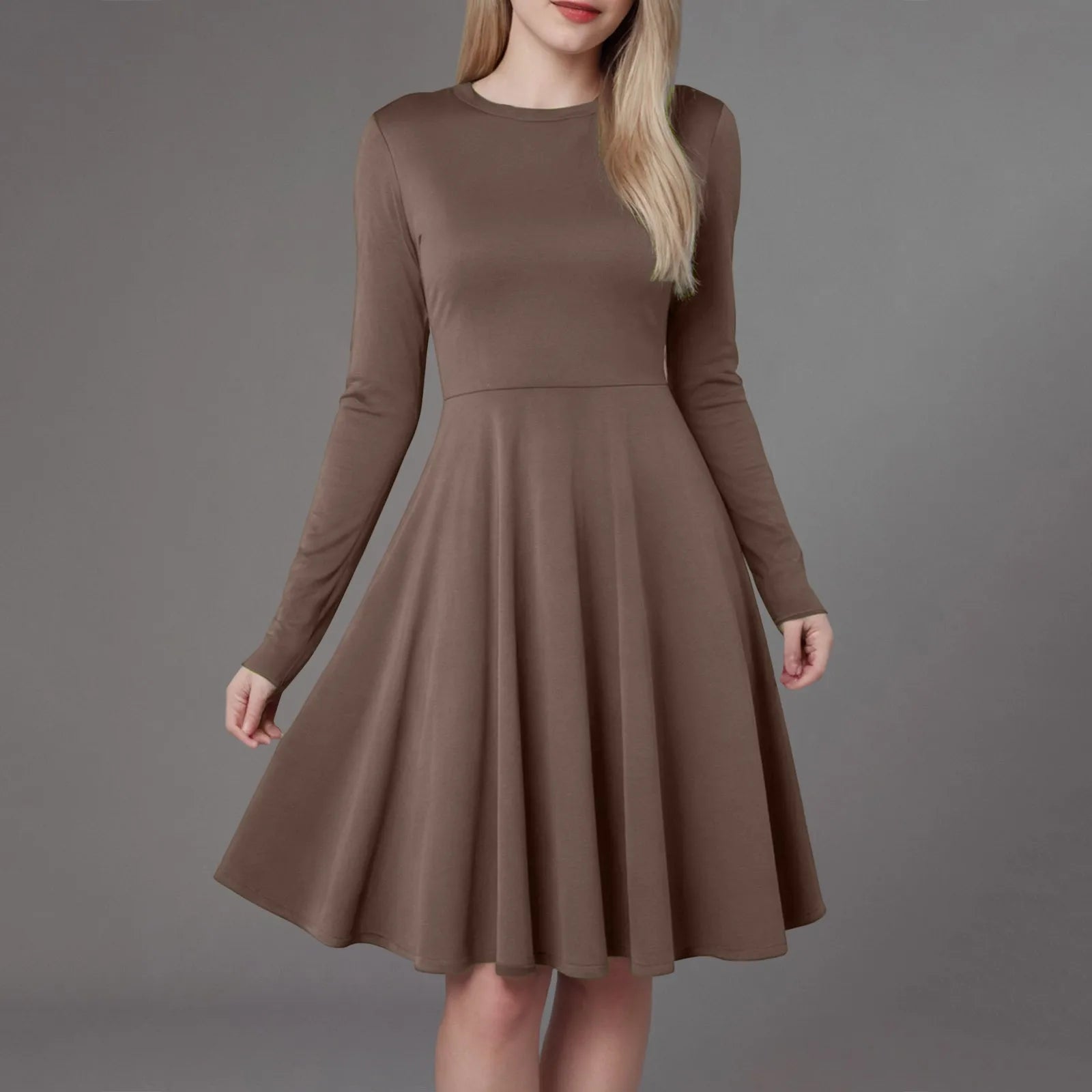 Women Elegant Short Dress Solid Color Pleated High Waist Long Sleeve A-Line Dress Autumn Winter Crew Neck Flowy Casual Dress