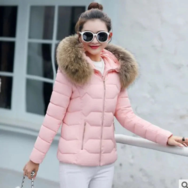 2025 New Women's Winter Jacket Warm Cotton Padded Coat Thin Light Parkas Overcoat Female Short Fur Collar Hooded Outerwear