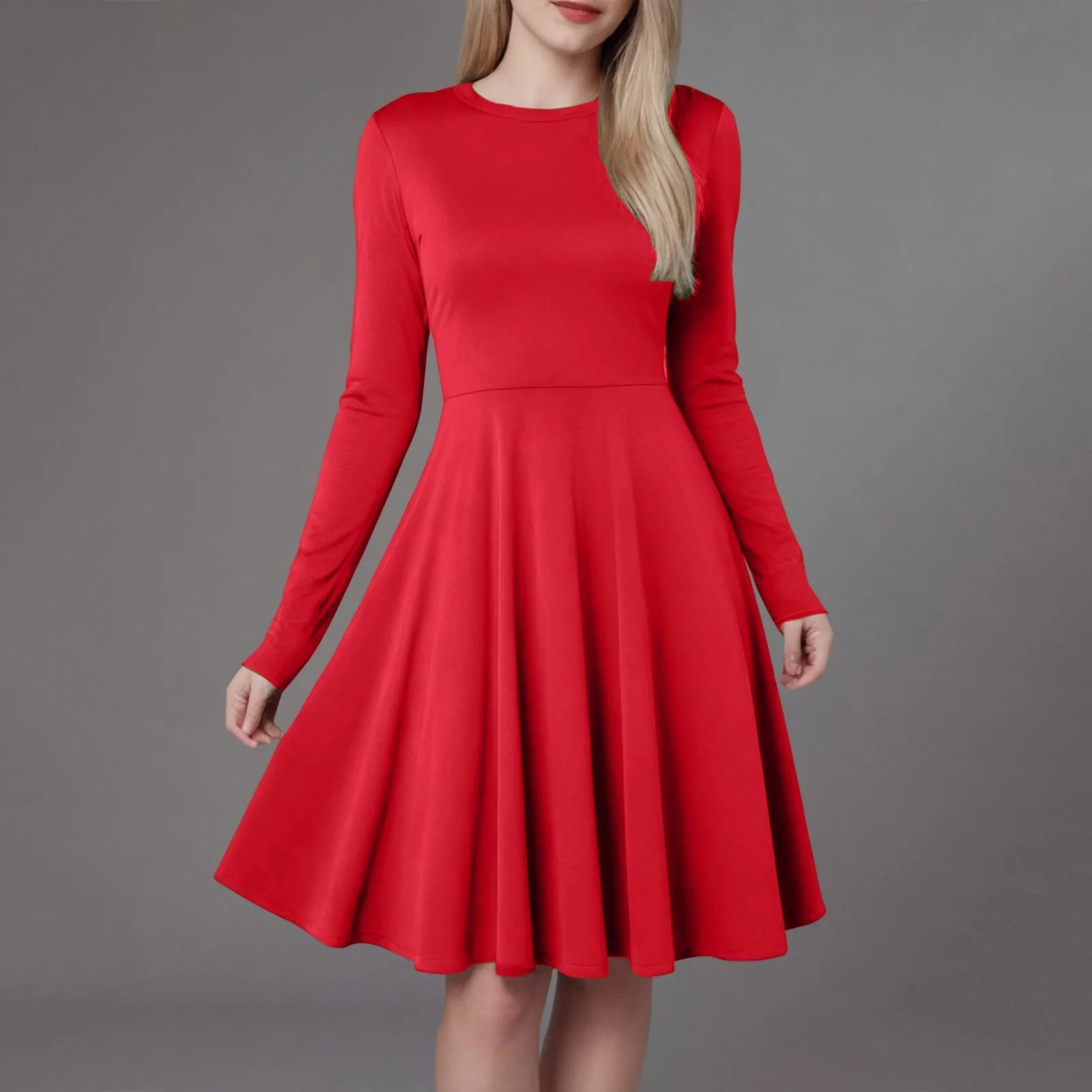 Women Elegant Short Dress Solid Color Pleated High Waist Long Sleeve A-Line Dress Autumn Winter Crew Neck Flowy Casual Dress