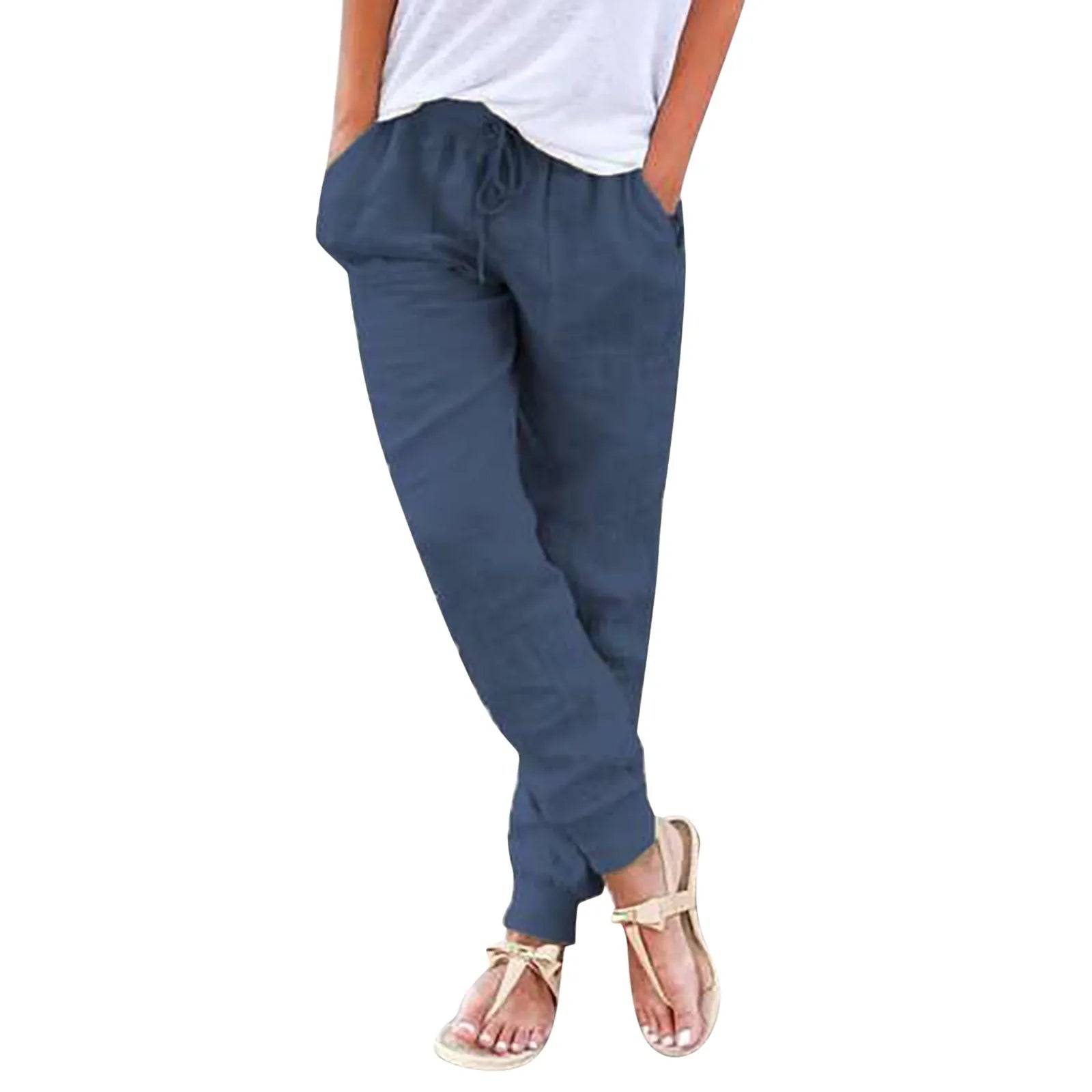 Tops Cotton Linen Drawstring Y2k Cargo Pants Women Streetwear Elastic Waist Pants Casual Trousers With Pockets Straight Trousers