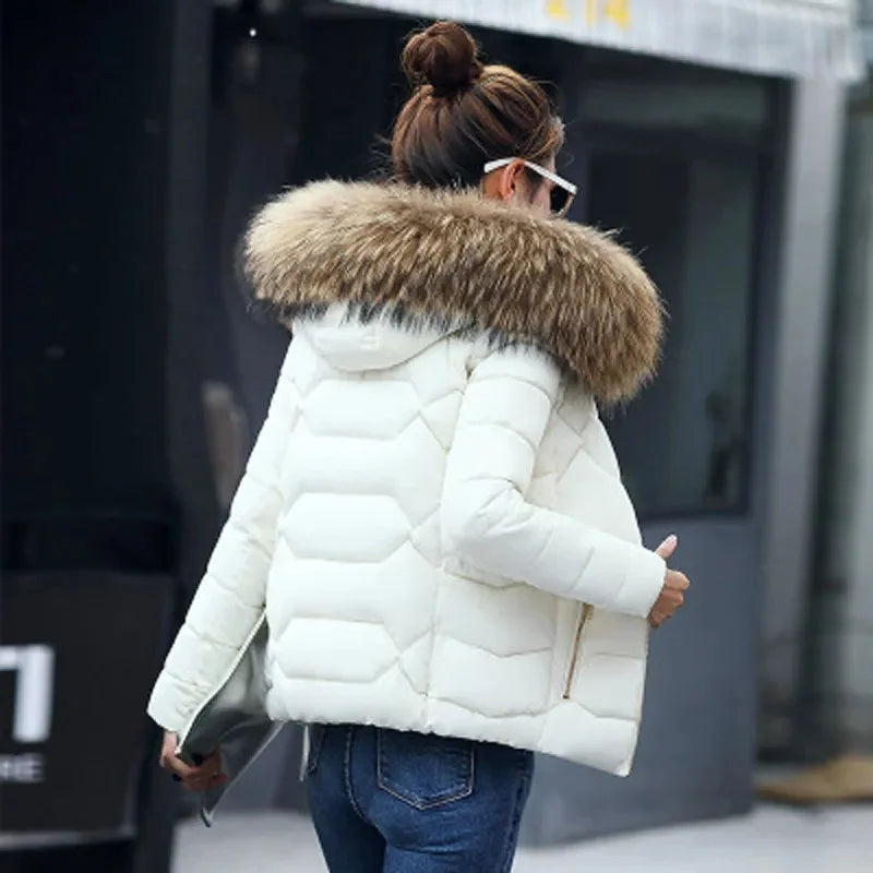 2025 New Women's Winter Jacket Warm Cotton Padded Coat Thin Light Parkas Overcoat Female Short Fur Collar Hooded Outerwear