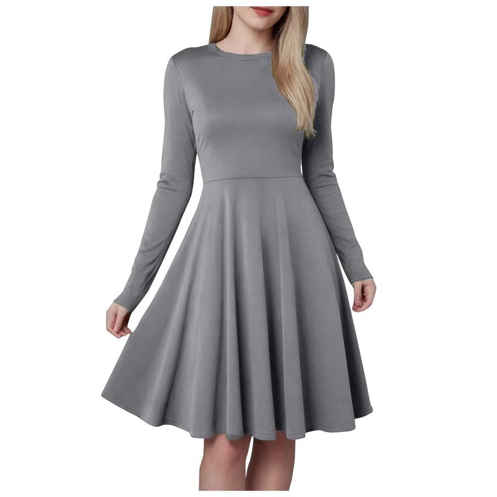 Women Elegant Short Dress Solid Color Pleated High Waist Long Sleeve A-Line Dress Autumn Winter Crew Neck Flowy Casual Dress