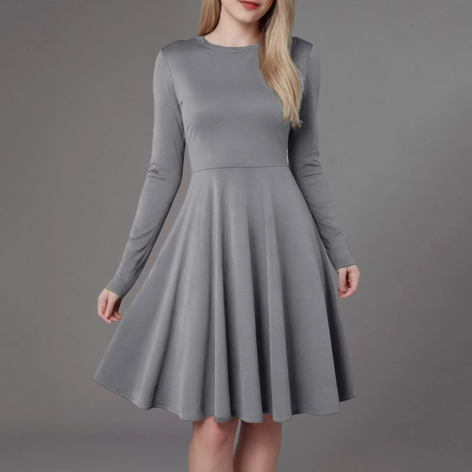 Women Elegant Short Dress Solid Color Pleated High Waist Long Sleeve A-Line Dress Autumn Winter Crew Neck Flowy Casual Dress