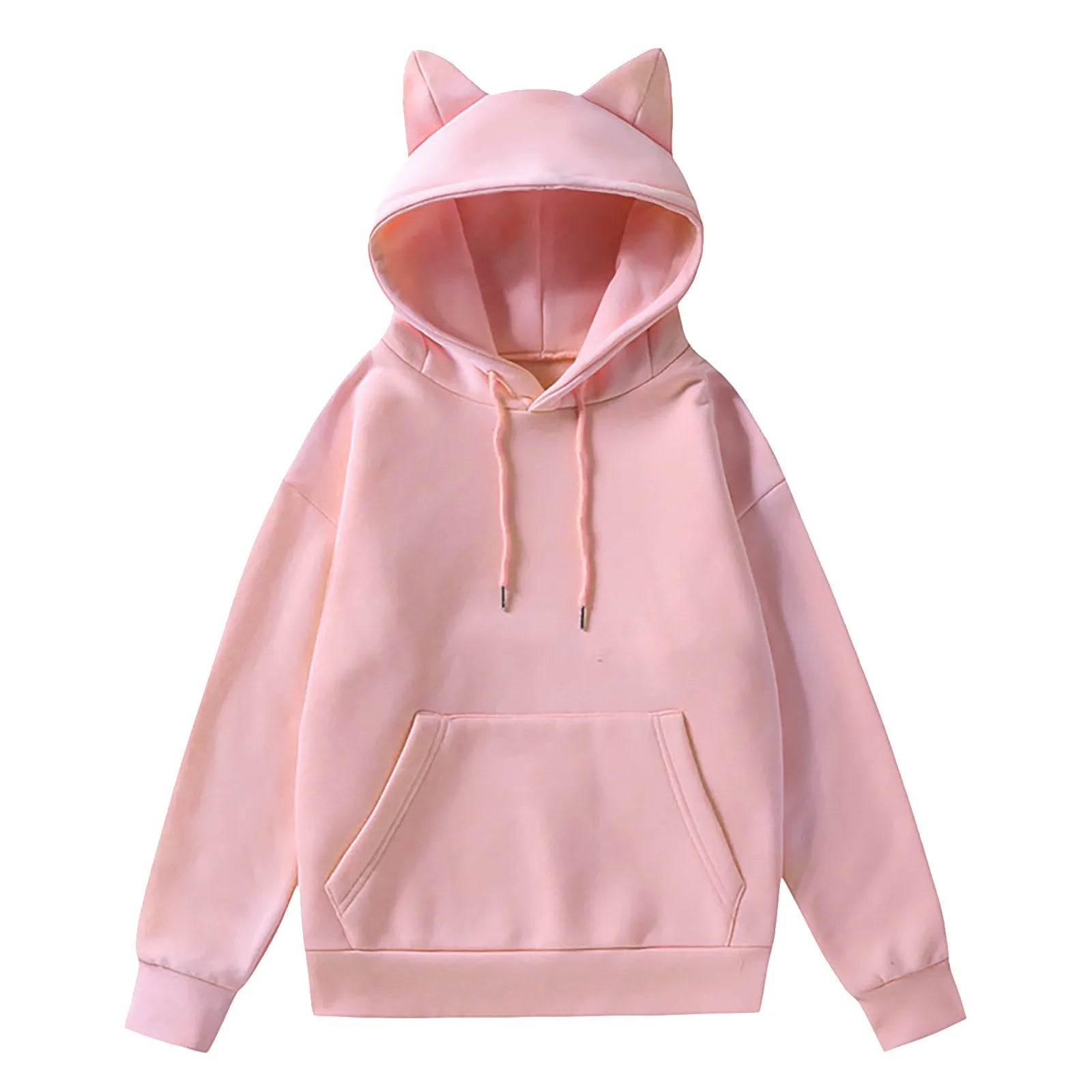 Cute Girls Fleece Sweatshirts Cat Ears Design Hooded Casual Oversized Hoodie Korean Style Solid Color Basic Sweater With Pocket