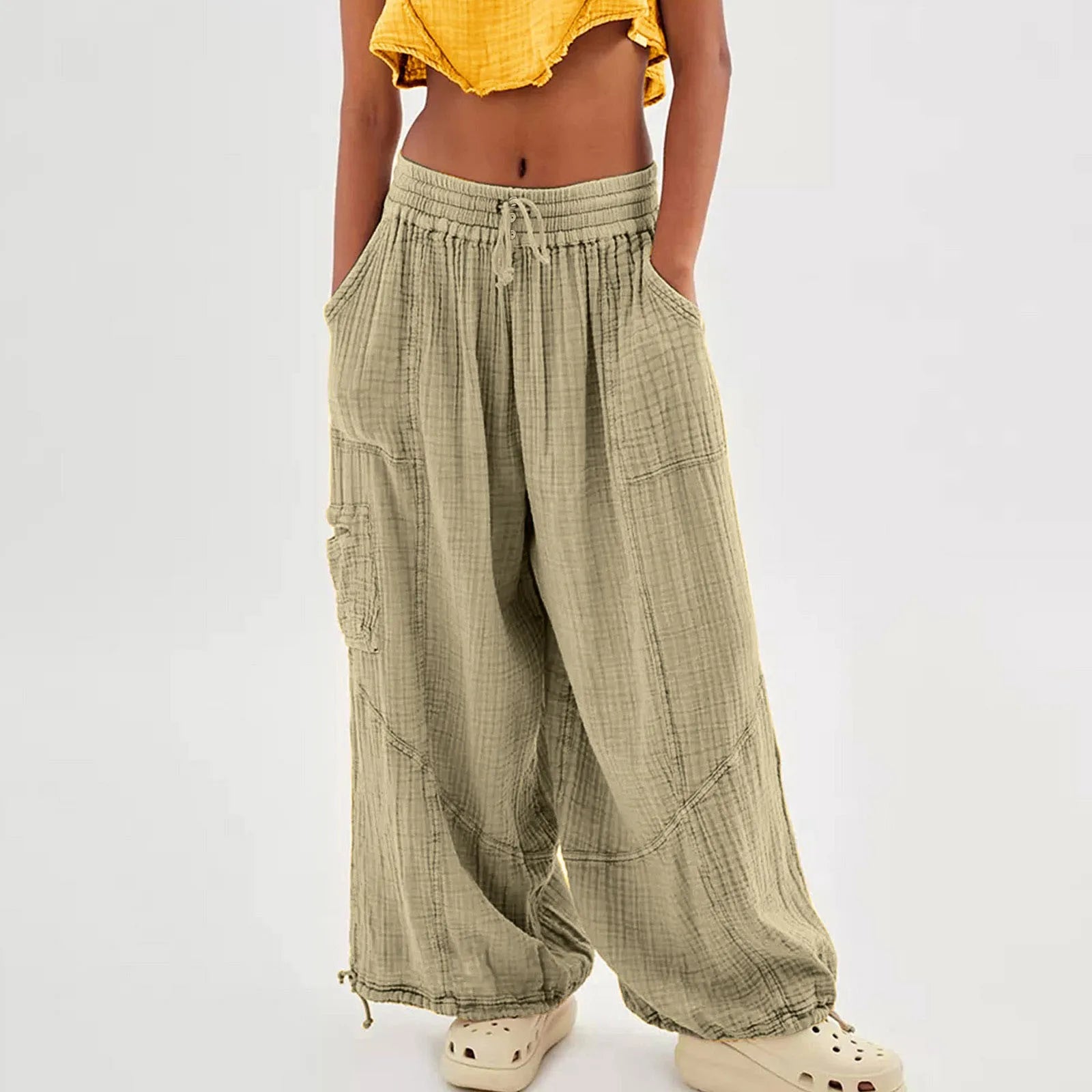 Beach Pants Linen Pants Women Wide Leg Harem Pants High Waist Button Drawstring Palazzo Pants Loose plus Size Pant with Pocket