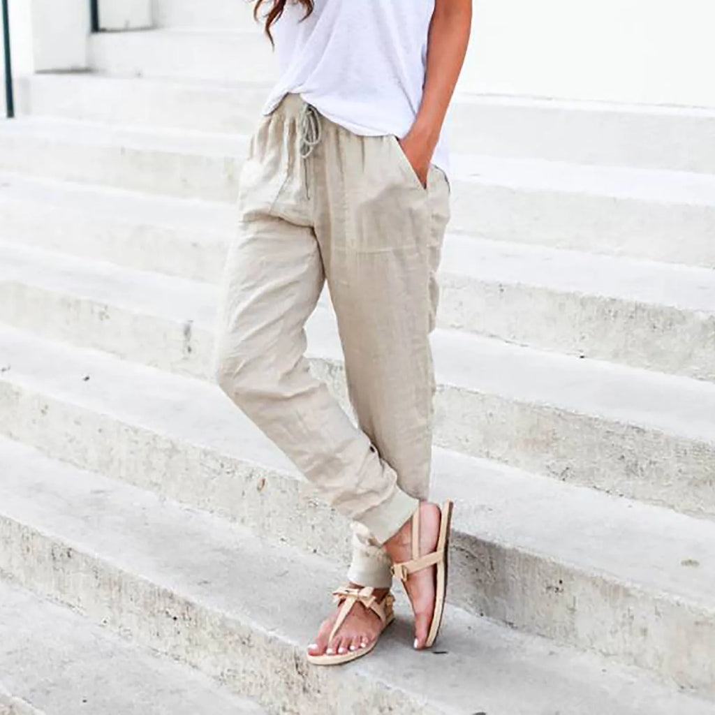 Tops Cotton Linen Drawstring Y2k Cargo Pants Women Streetwear Elastic Waist Pants Casual Trousers With Pockets Straight Trousers