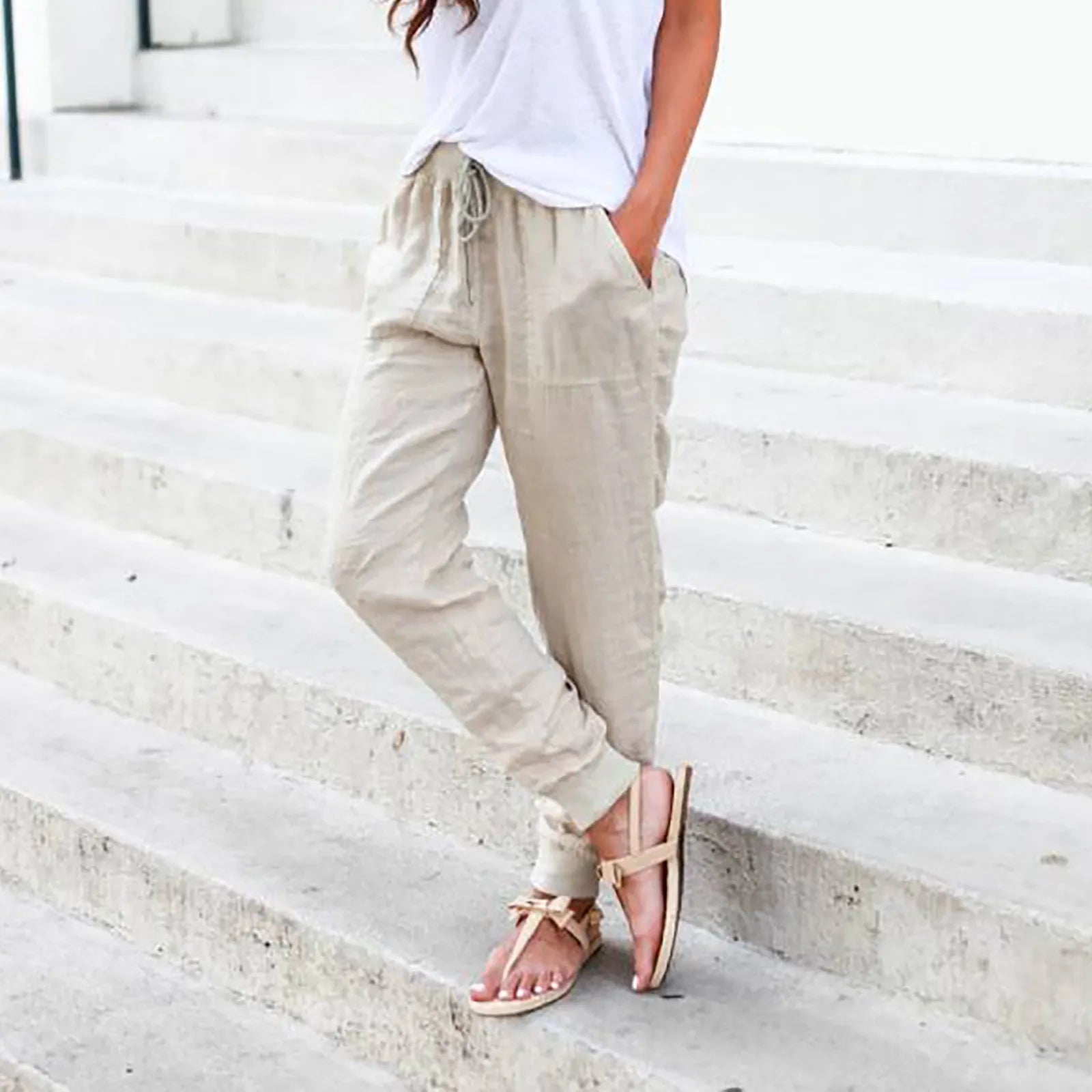 Tops Cotton Linen Drawstring Y2k Cargo Pants Women Streetwear Elastic Waist Pants Casual Trousers With Pockets Straight Trousers
