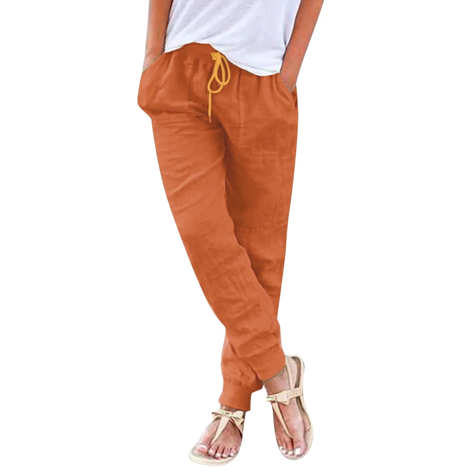 Tops Cotton Linen Drawstring Y2k Cargo Pants Women Streetwear Elastic Waist Pants Casual Trousers With Pockets Straight Trousers