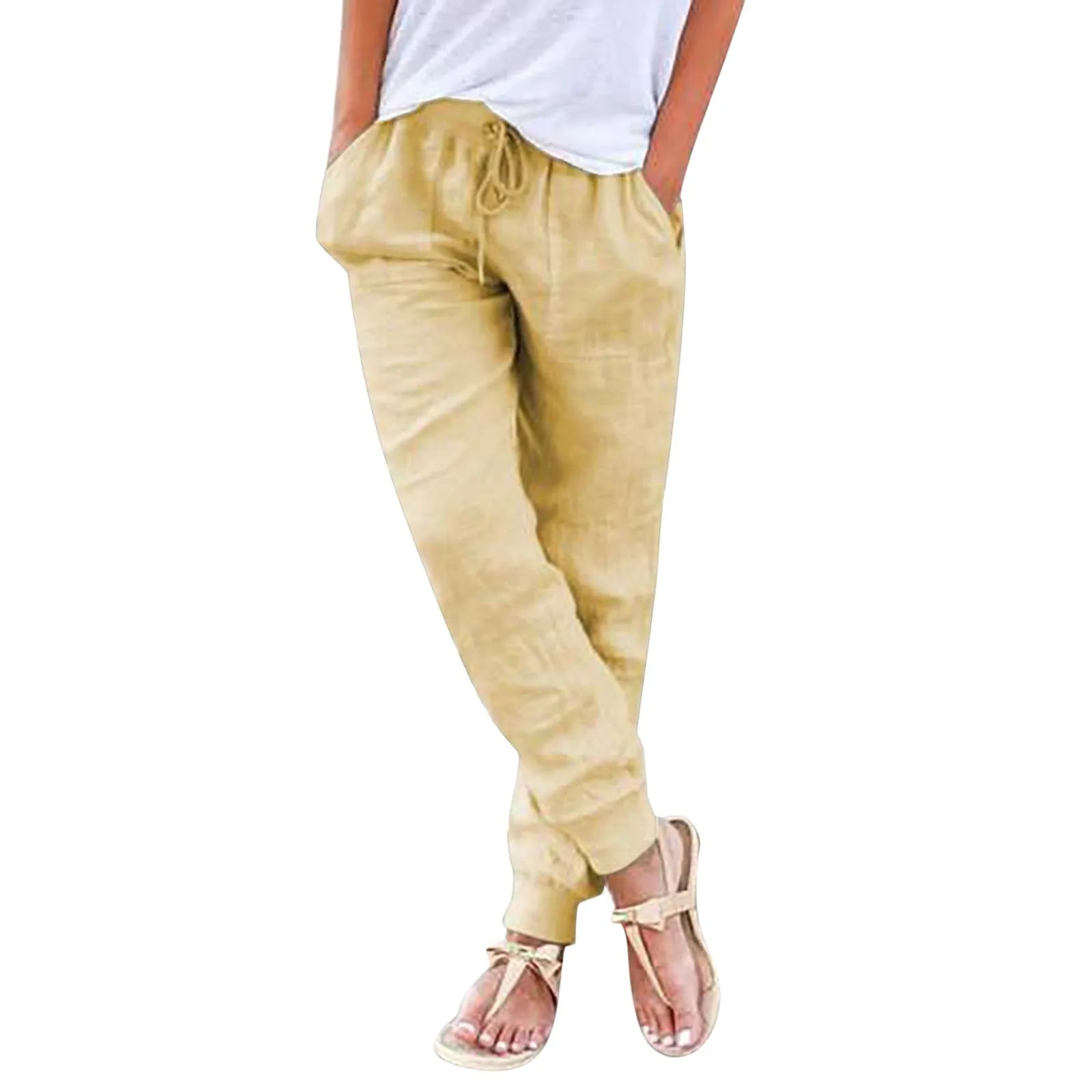 Tops Cotton Linen Drawstring Y2k Cargo Pants Women Streetwear Elastic Waist Pants Casual Trousers With Pockets Straight Trousers