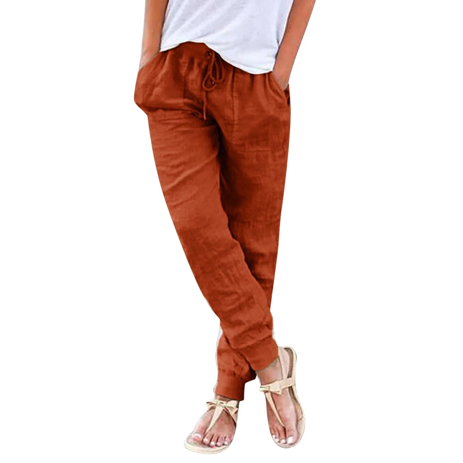 Tops Cotton Linen Drawstring Y2k Cargo Pants Women Streetwear Elastic Waist Pants Casual Trousers With Pockets Straight Trousers