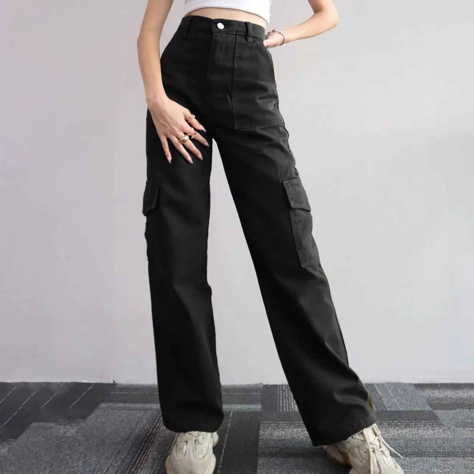 Y2k Black Cargo Pants For Women High Waist Slim Fit Palazzo Workwear Female Wide Leg Pants Streetwear Casual Hip Hop Trousers