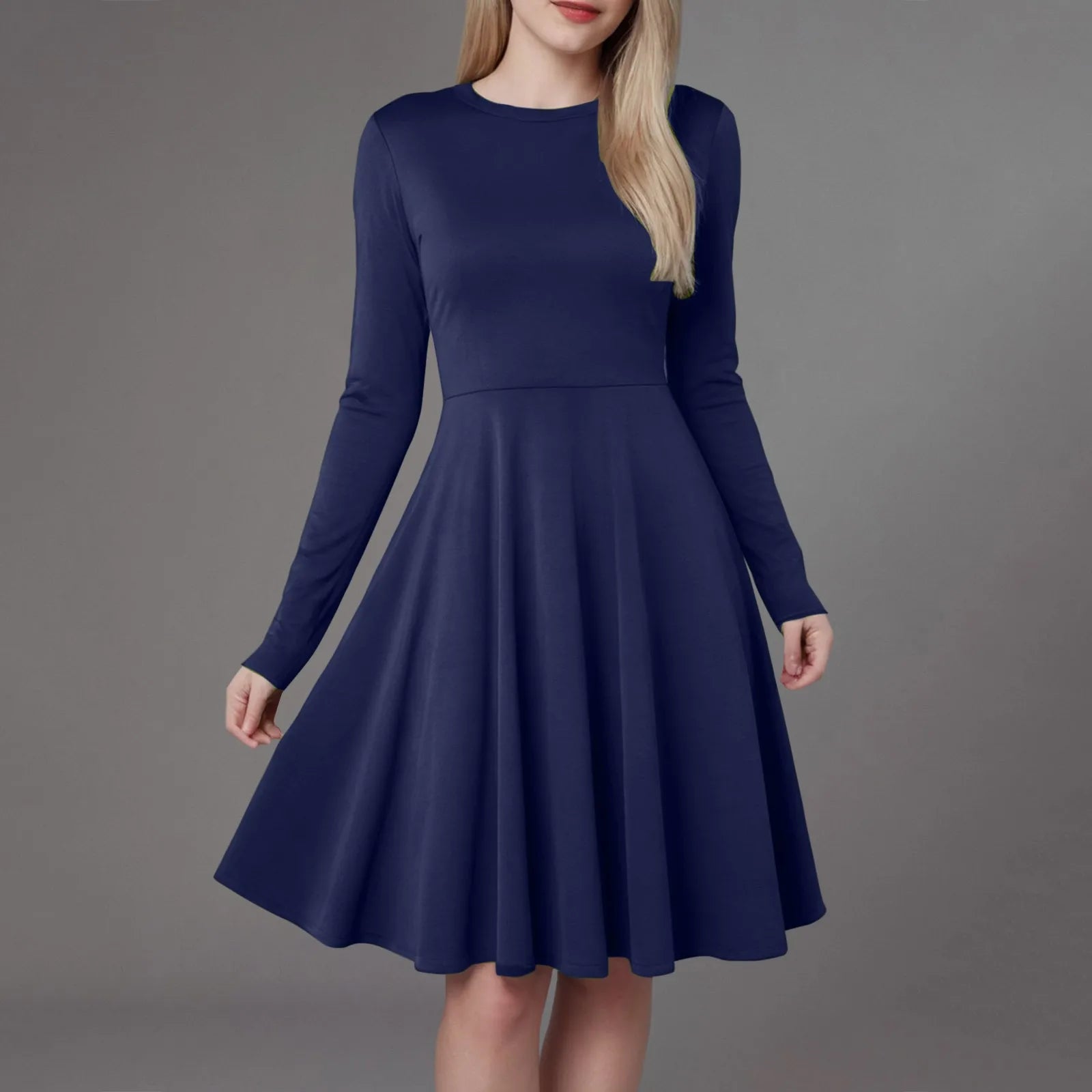 Women Elegant Short Dress Solid Color Pleated High Waist Long Sleeve A-Line Dress Autumn Winter Crew Neck Flowy Casual Dress