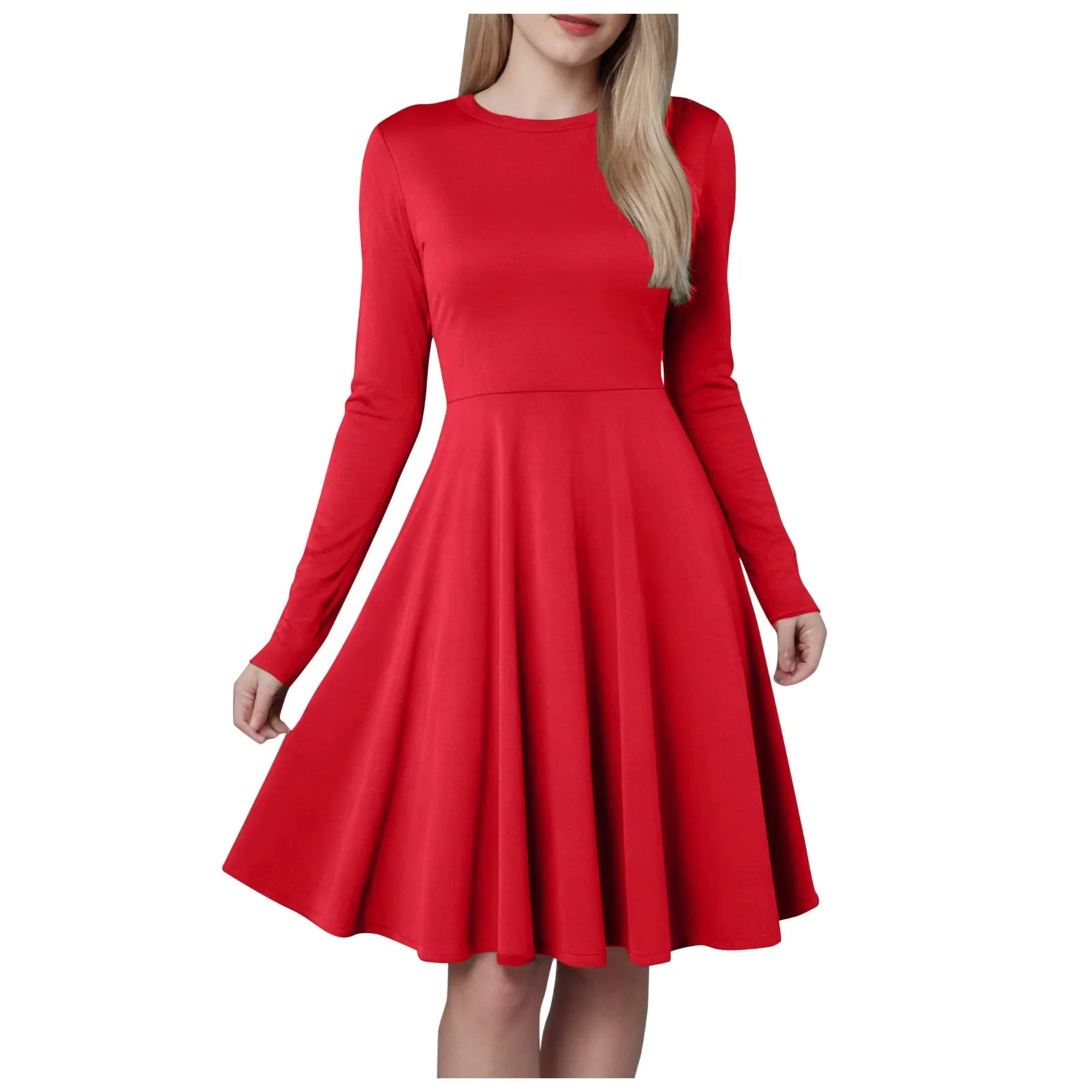 Women Elegant Short Dress Solid Color Pleated High Waist Long Sleeve A-Line Dress Autumn Winter Crew Neck Flowy Casual Dress