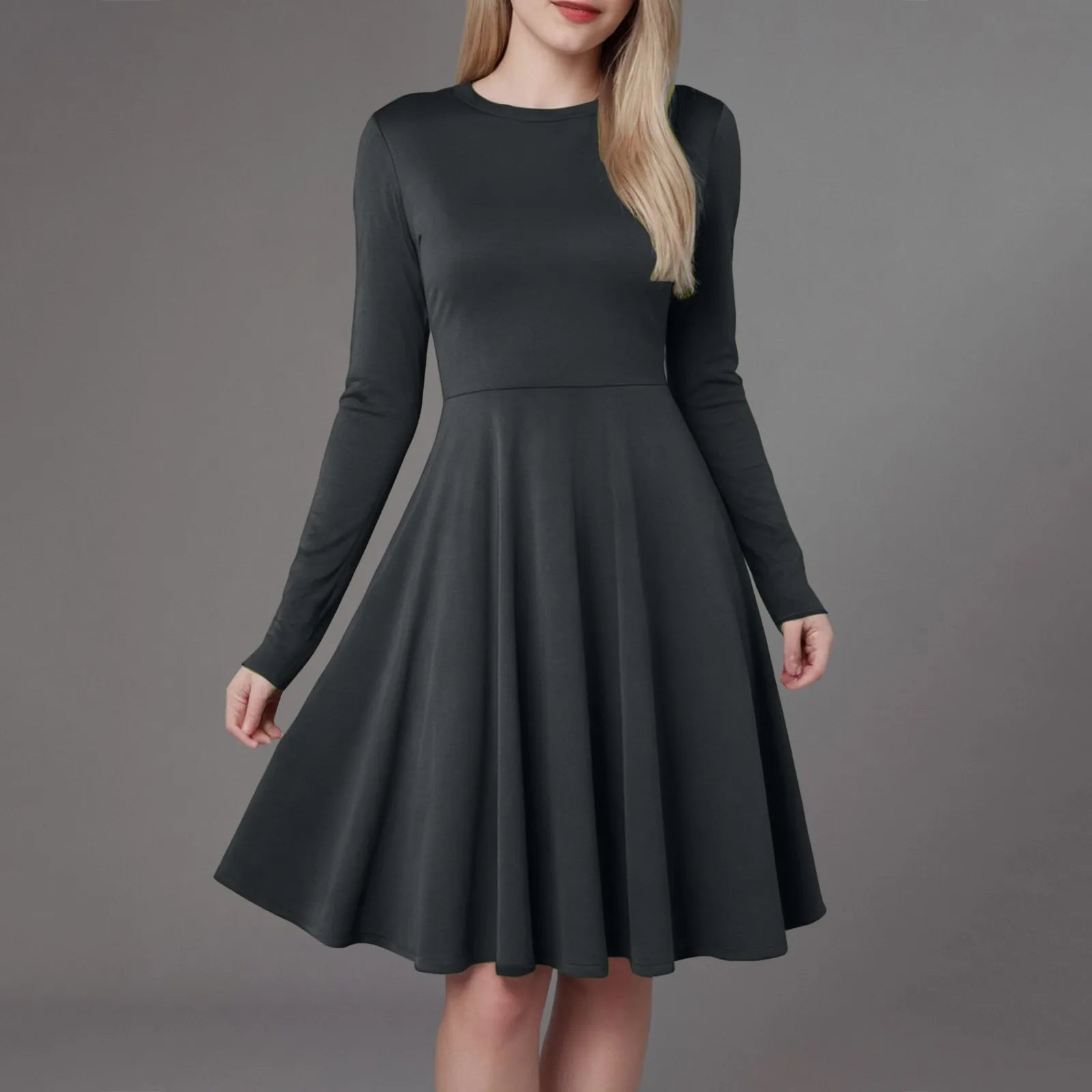 Women Elegant Short Dress Solid Color Pleated High Waist Long Sleeve A-Line Dress Autumn Winter Crew Neck Flowy Casual Dress