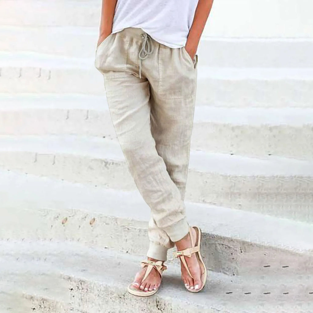 Tops Cotton Linen Drawstring Y2k Cargo Pants Women Streetwear Elastic Waist Pants Casual Trousers With Pockets Straight Trousers