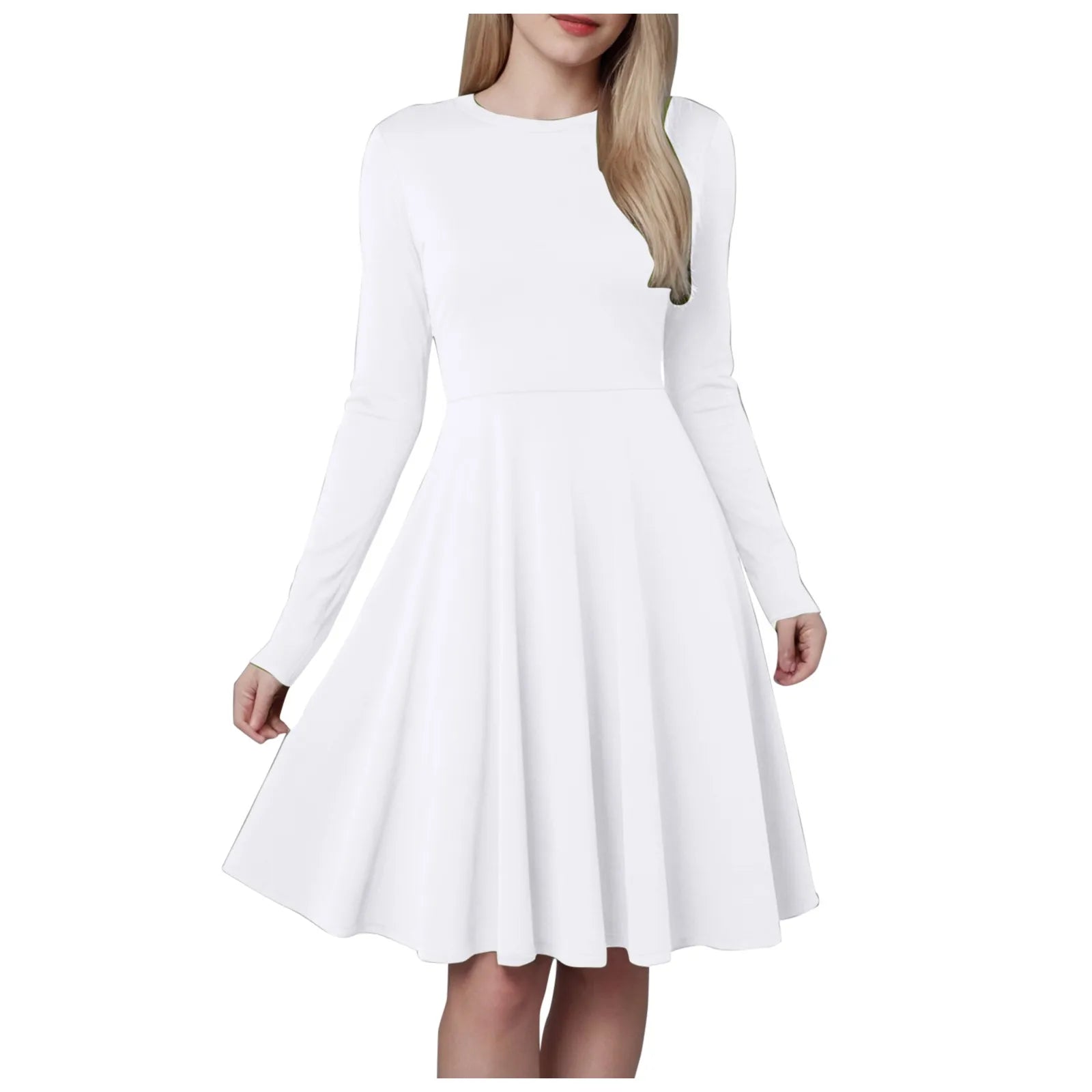 Women Elegant Short Dress Solid Color Pleated High Waist Long Sleeve A-Line Dress Autumn Winter Crew Neck Flowy Casual Dress