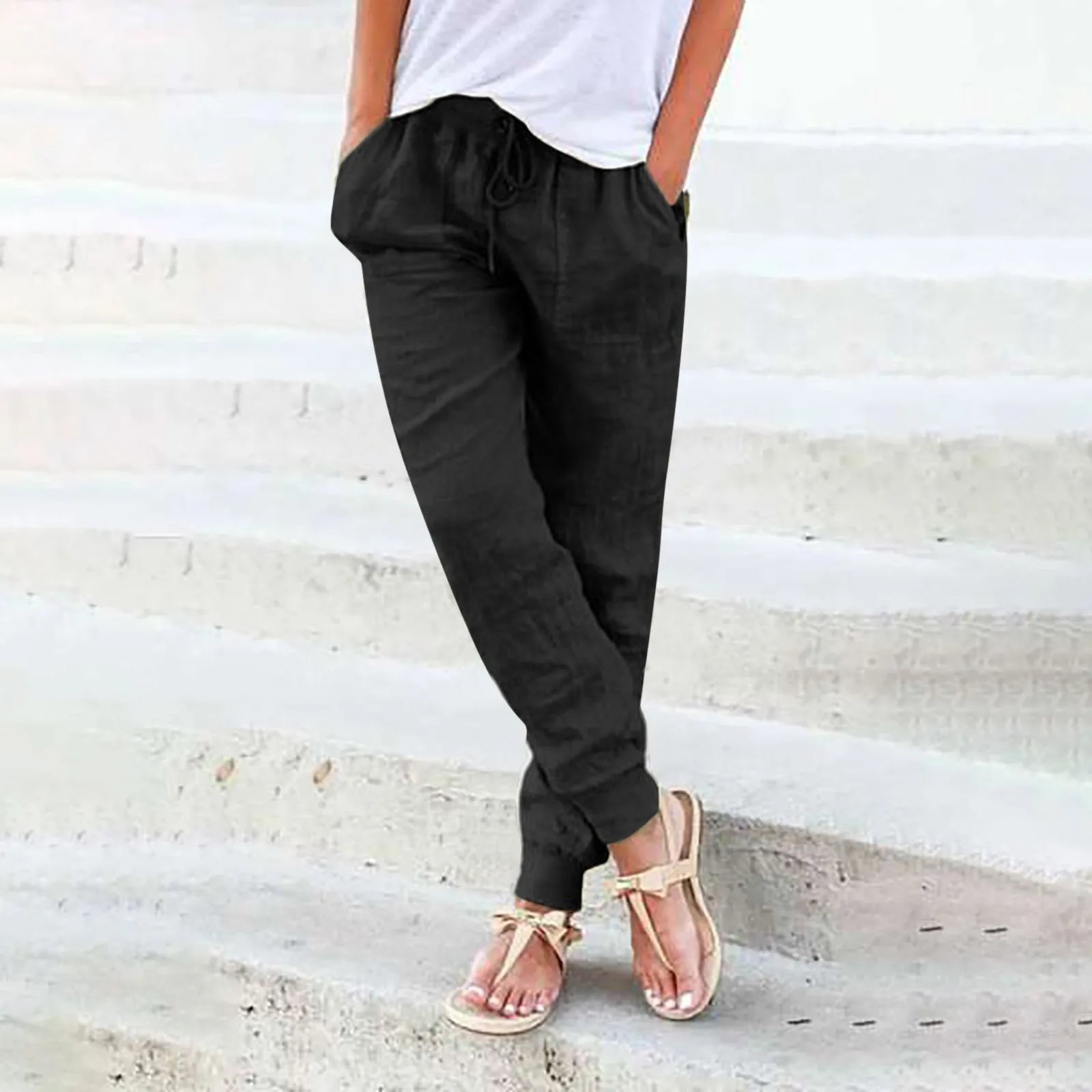 Tops Cotton Linen Drawstring Y2k Cargo Pants Women Streetwear Elastic Waist Pants Casual Trousers With Pockets Straight Trousers