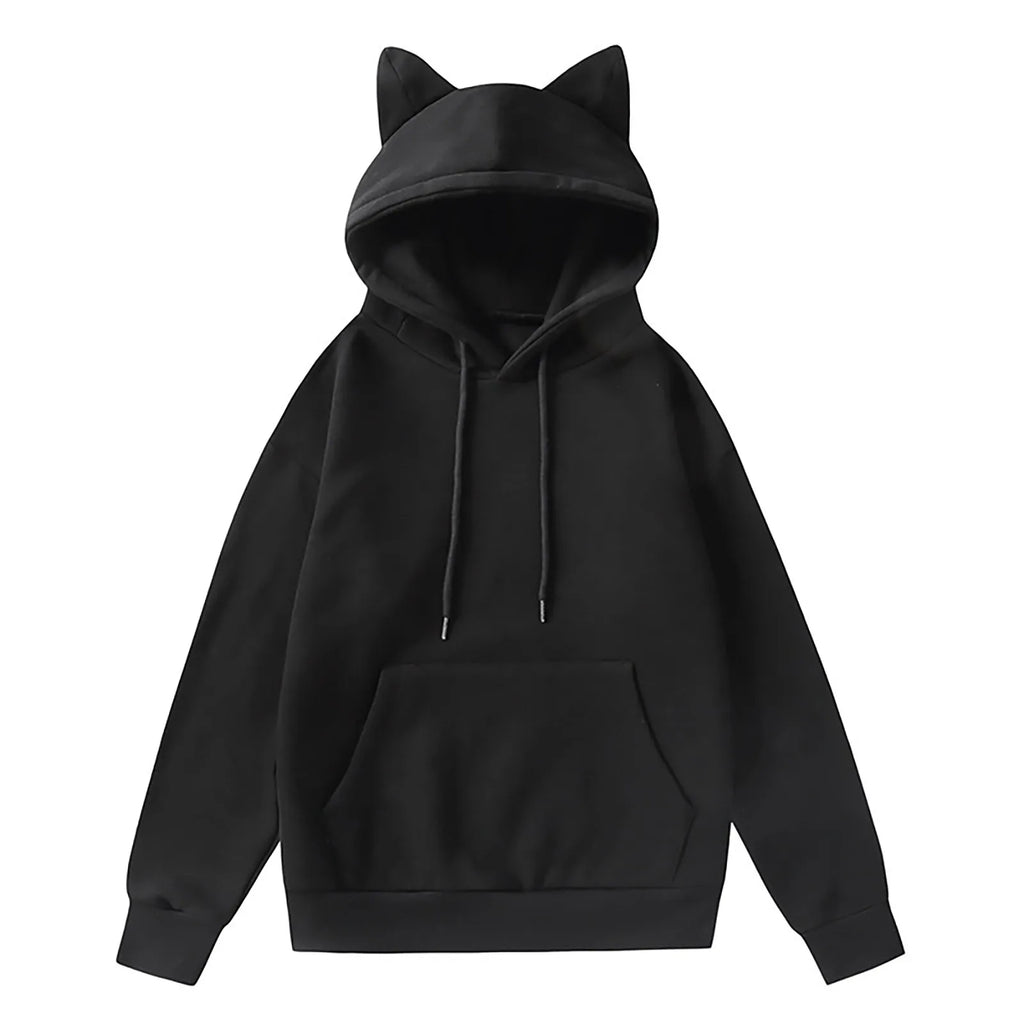 Cute Girls Fleece Sweatshirts Cat Ears Design Hooded Casual Oversized Hoodie Korean Style Solid Color Basic Sweater With Pocket