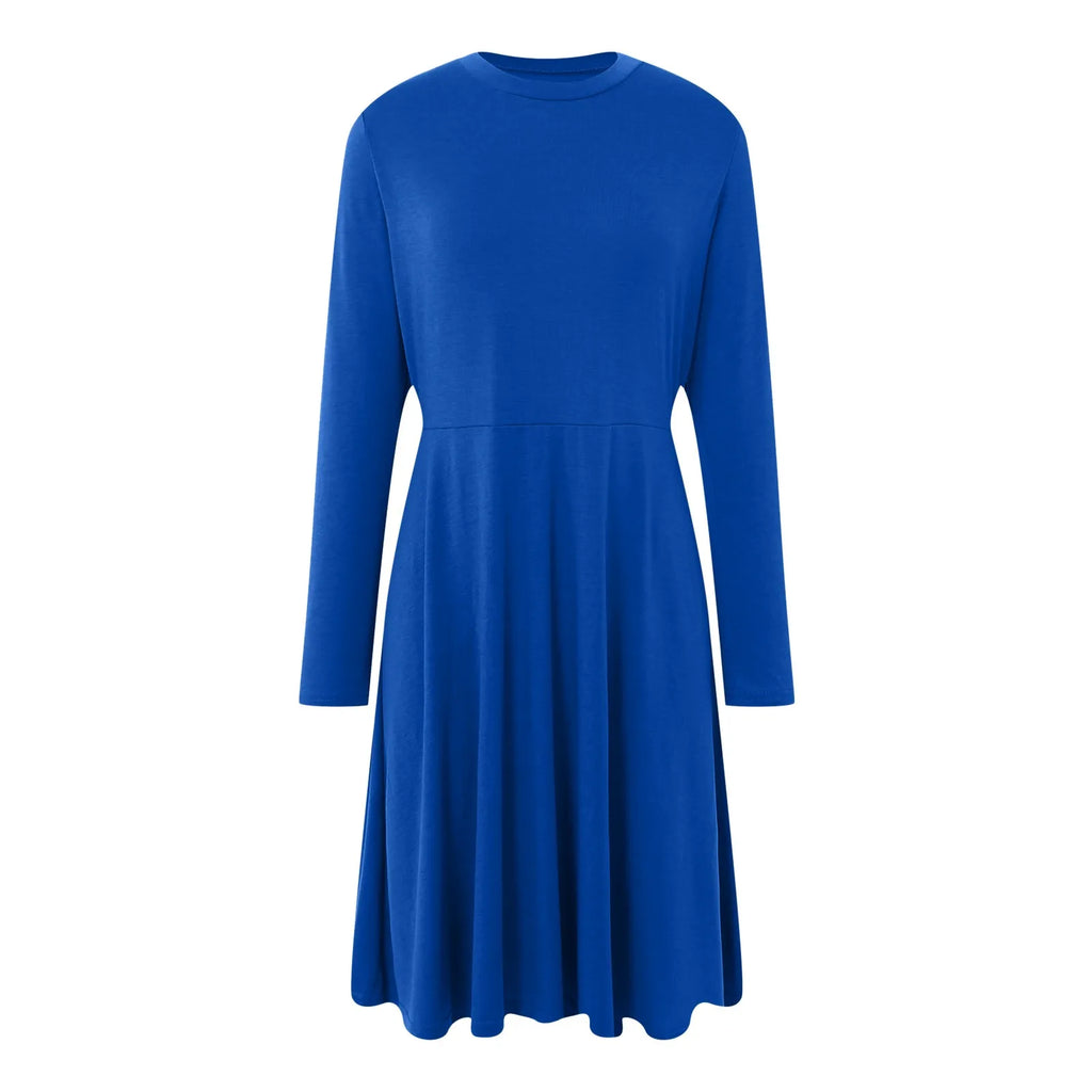 Women Elegant Short Dress Solid Color Pleated High Waist Long Sleeve A-Line Dress Autumn Winter Crew Neck Flowy Casual Dress