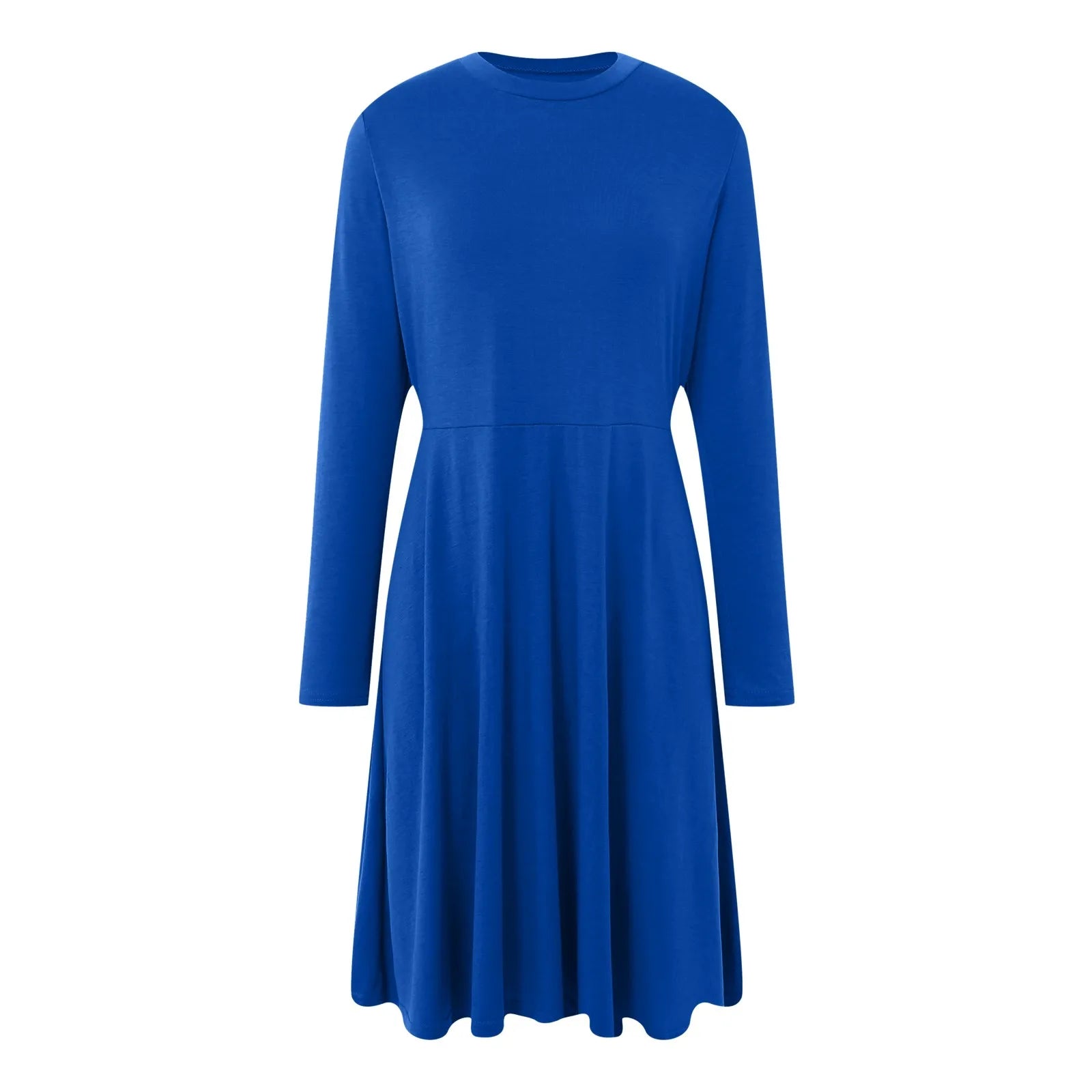 Women Elegant Short Dress Solid Color Pleated High Waist Long Sleeve A-Line Dress Autumn Winter Crew Neck Flowy Casual Dress