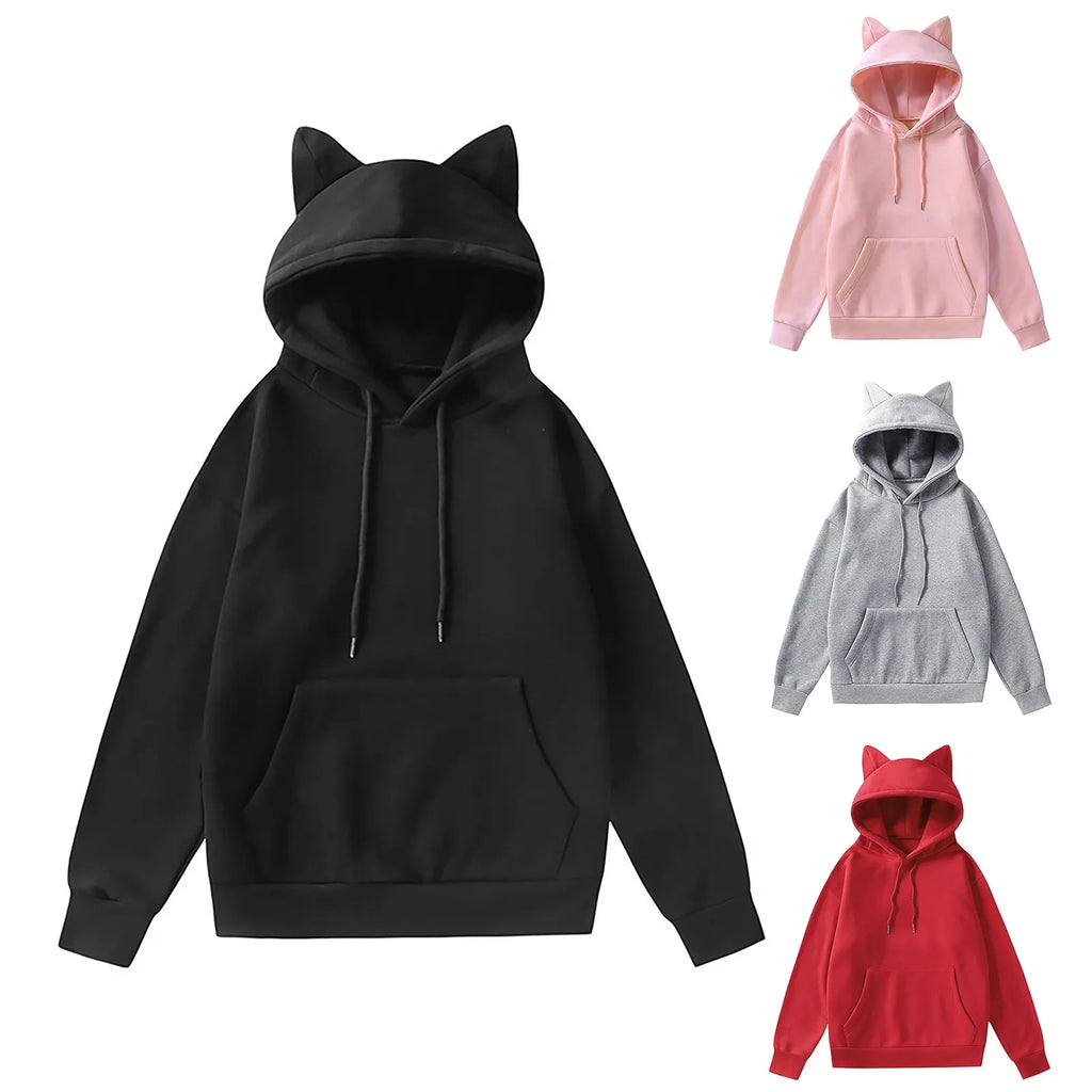 Cute Girls Fleece Sweatshirts Cat Ears Design Hooded Casual Oversized Hoodie Korean Style Solid Color Basic Sweater With Pocket