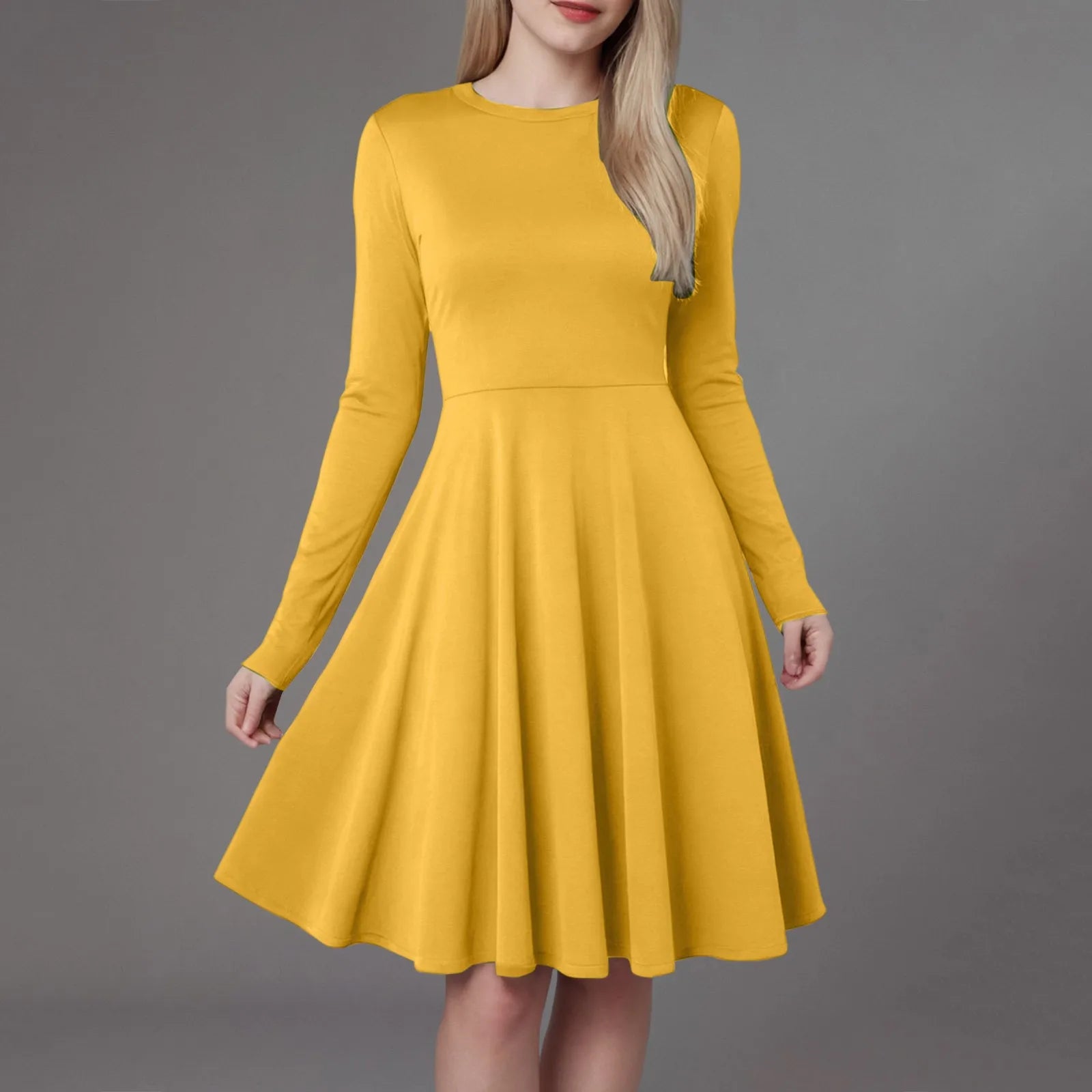 Women Elegant Short Dress Solid Color Pleated High Waist Long Sleeve A-Line Dress Autumn Winter Crew Neck Flowy Casual Dress