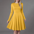 Women Elegant Short Dress Solid Color Pleated High Waist Long Sleeve A-Line Dress Autumn Winter Crew Neck Flowy Casual Dress