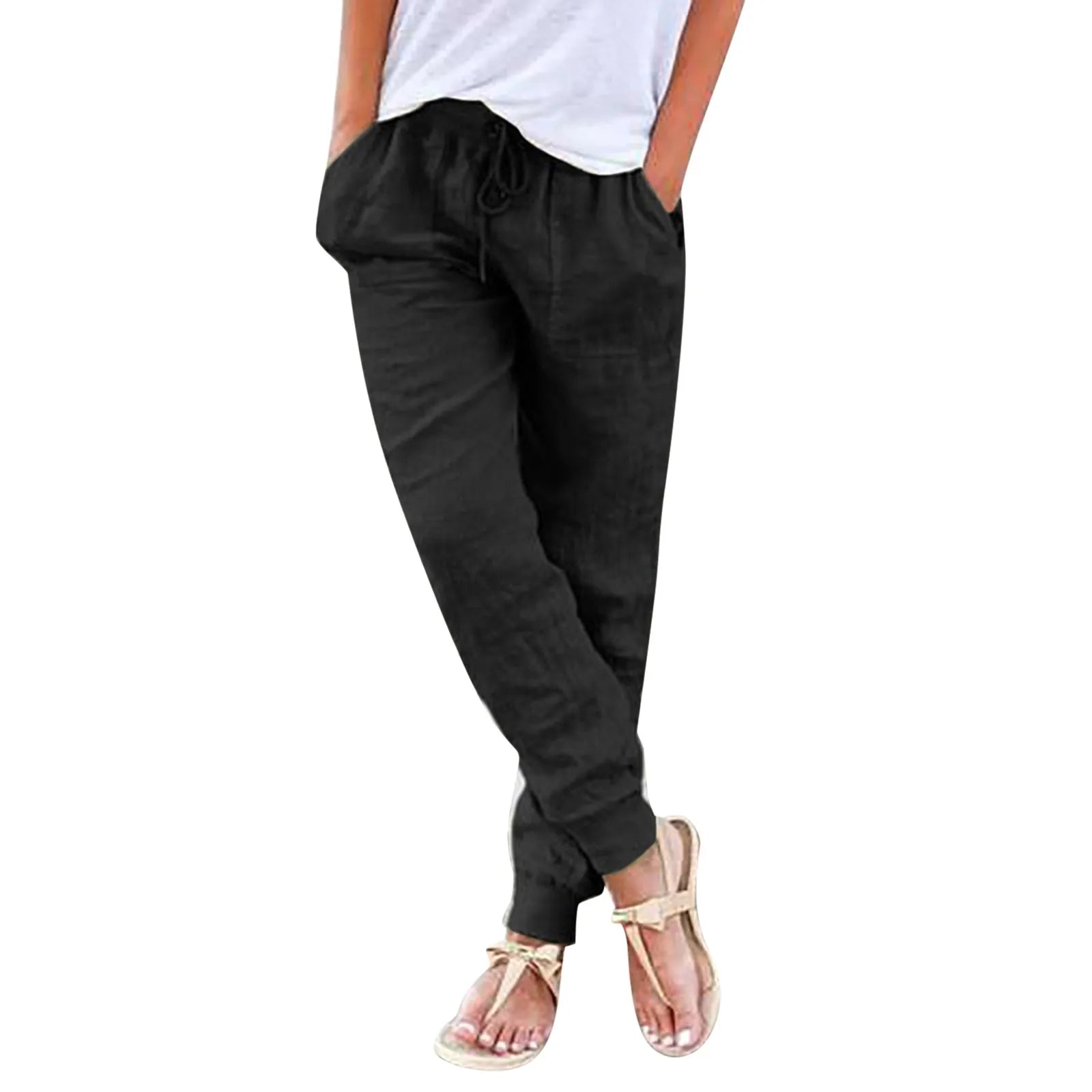 Tops Cotton Linen Drawstring Y2k Cargo Pants Women Streetwear Elastic Waist Pants Casual Trousers With Pockets Straight Trousers