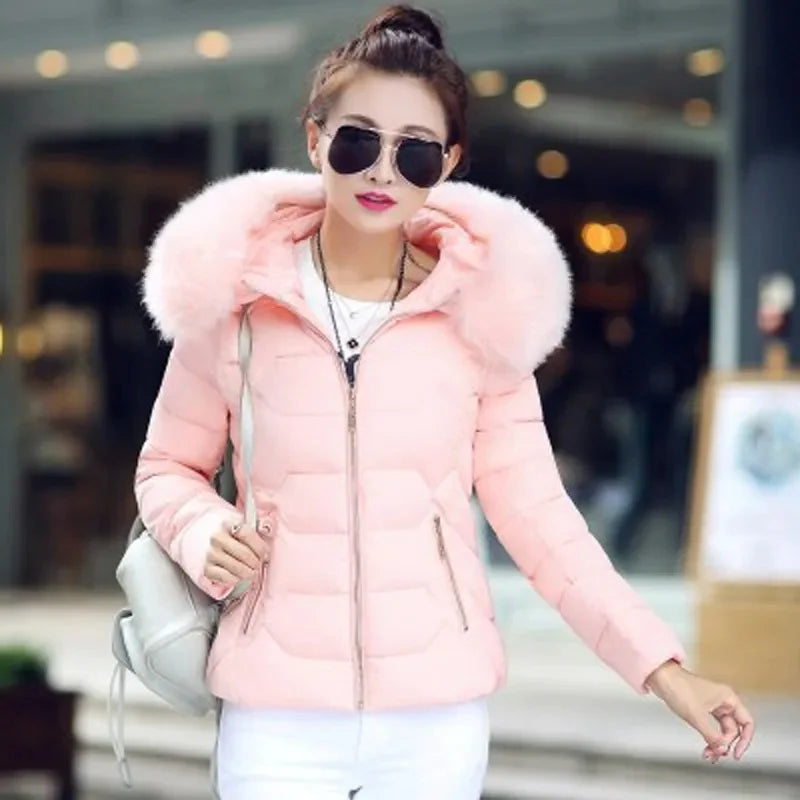 2025 New Women's Winter Jacket Warm Cotton Padded Coat Thin Light Parkas Overcoat Female Short Fur Collar Hooded Outerwear