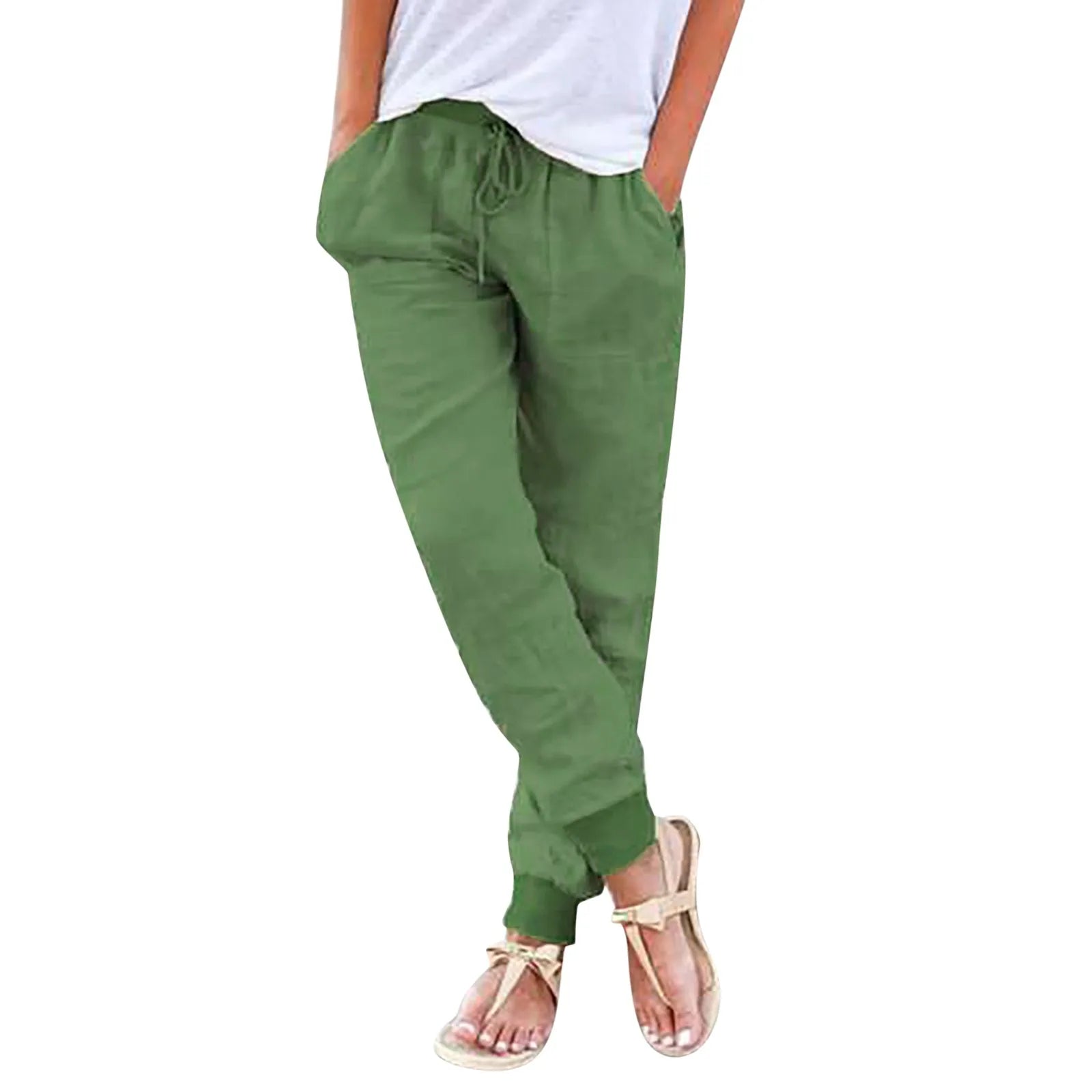 Tops Cotton Linen Drawstring Y2k Cargo Pants Women Streetwear Elastic Waist Pants Casual Trousers With Pockets Straight Trousers