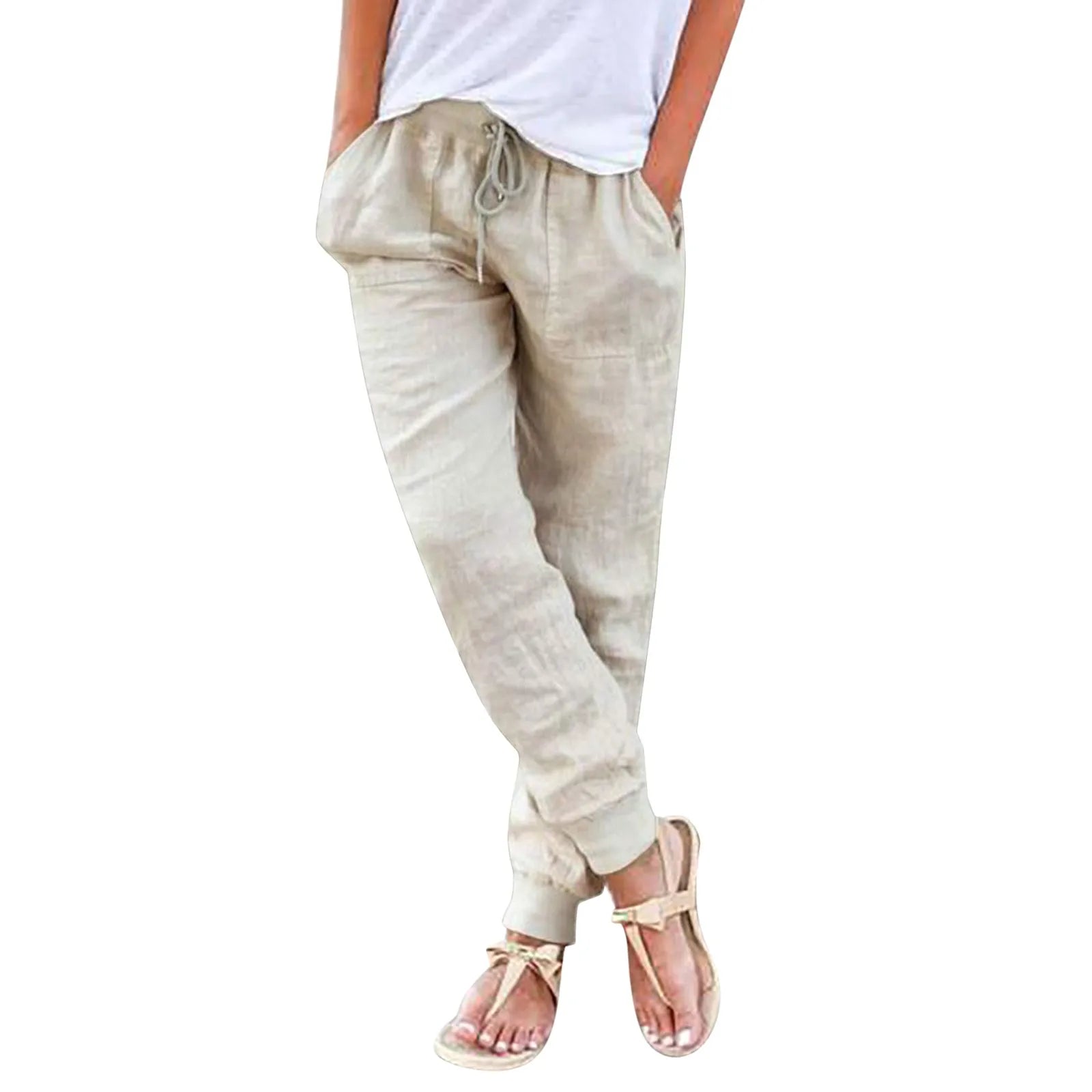 Tops Cotton Linen Drawstring Y2k Cargo Pants Women Streetwear Elastic Waist Pants Casual Trousers With Pockets Straight Trousers