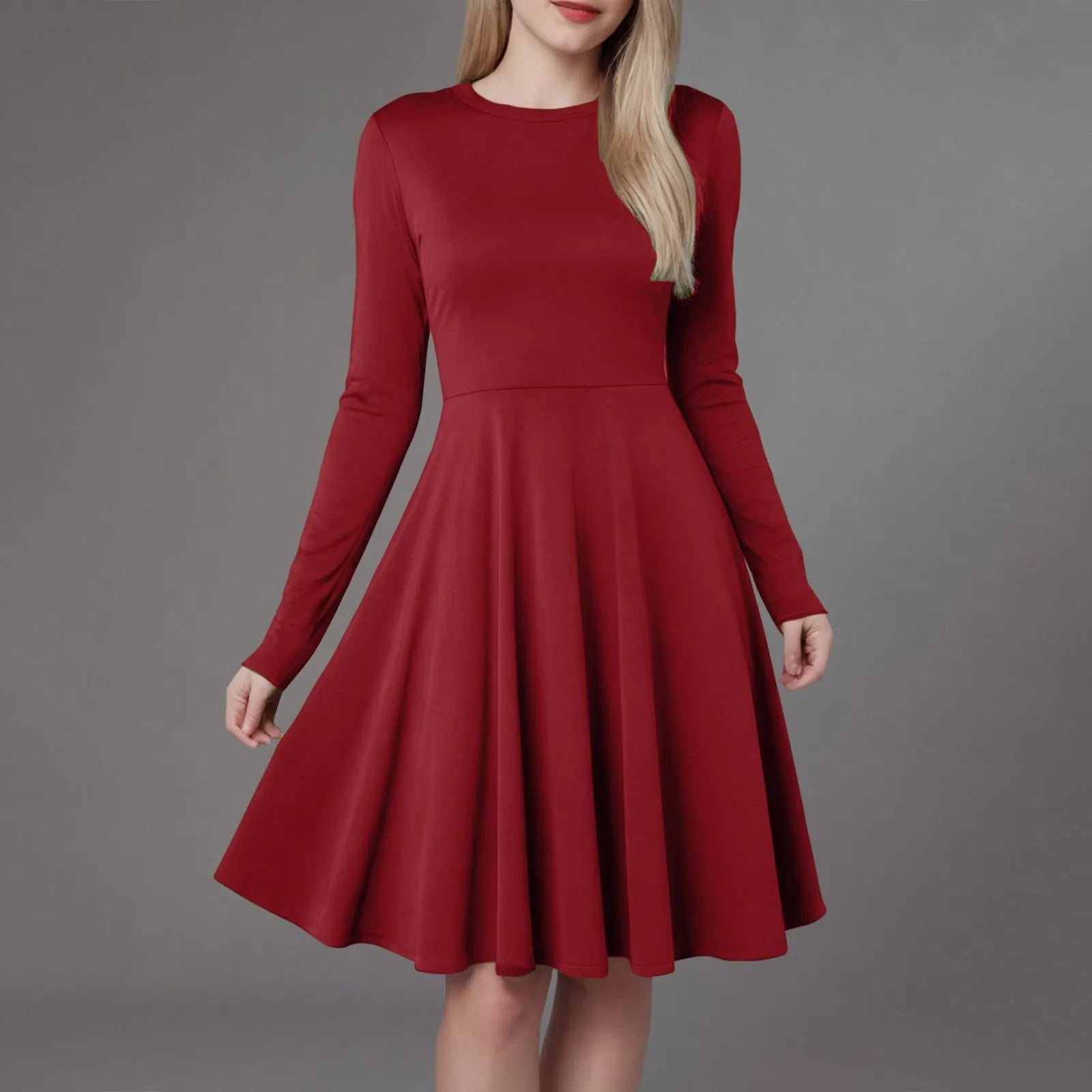 Women Elegant Short Dress Solid Color Pleated High Waist Long Sleeve A-Line Dress Autumn Winter Crew Neck Flowy Casual Dress