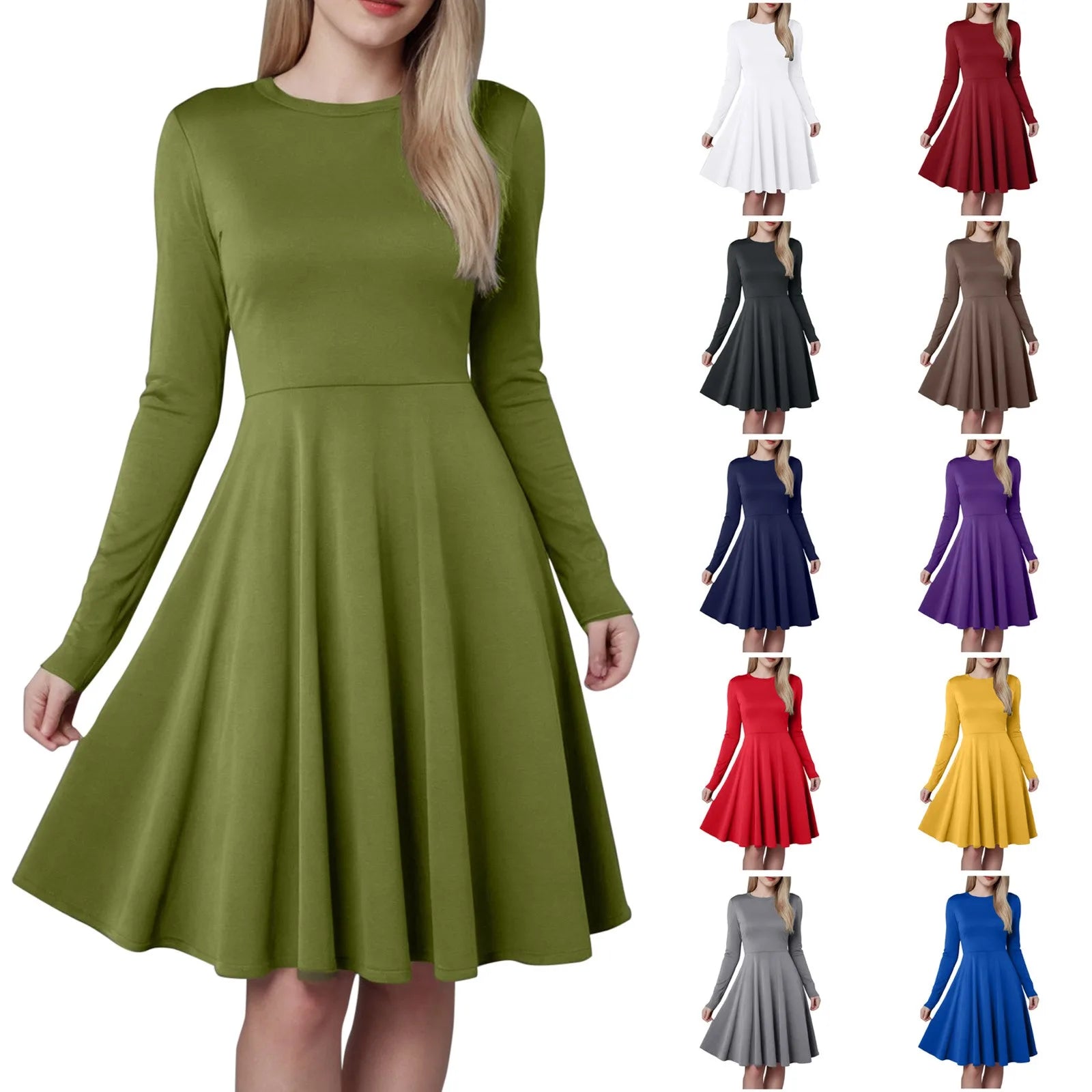 Women Elegant Short Dress Solid Color Pleated High Waist Long Sleeve A-Line Dress Autumn Winter Crew Neck Flowy Casual Dress
