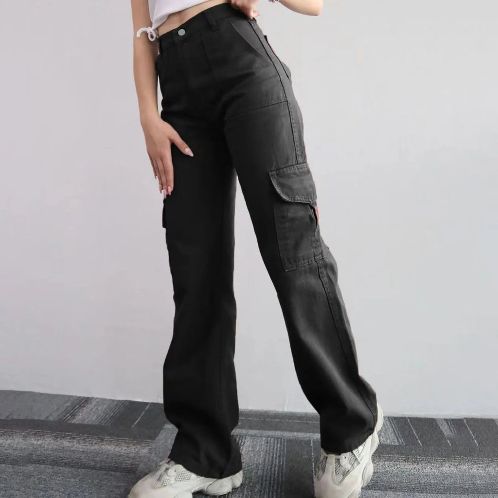 Y2k Black Cargo Pants For Women High Waist Slim Fit Palazzo Workwear Female Wide Leg Pants Streetwear Casual Hip Hop Trousers