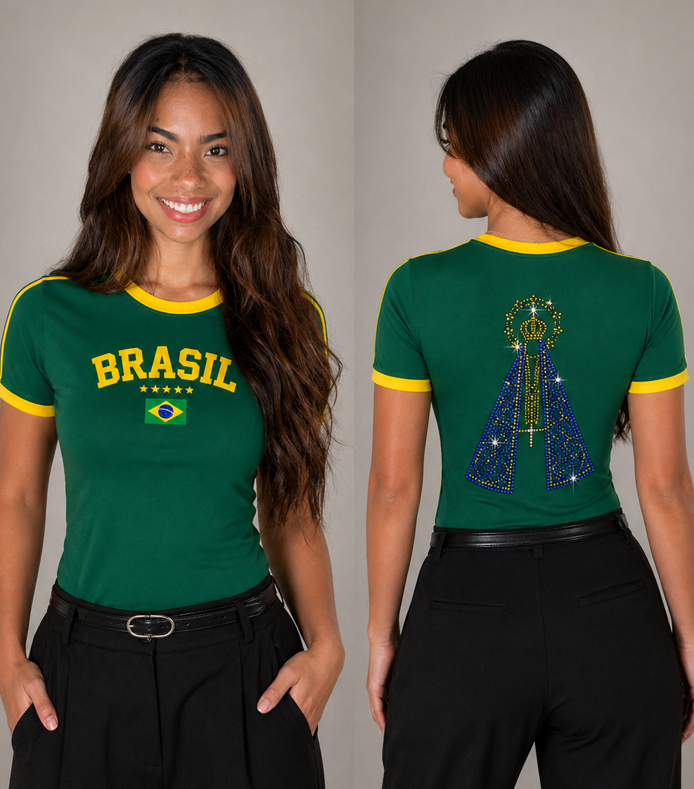 BabyLook Brasil Nossa Senhora Aparecida em Strass - Bordada, 100% Algodão COPA 2026 | ELAVSO BR