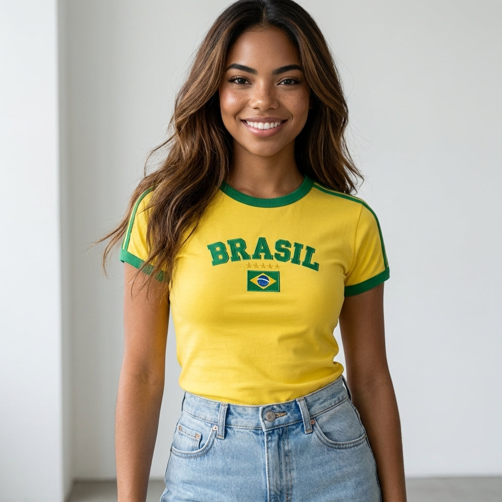 Babylook Brasil Feminina Bordada Copa 2026 🇧🇷 | 100% Algodão | Versão Brasileira ELAVSO