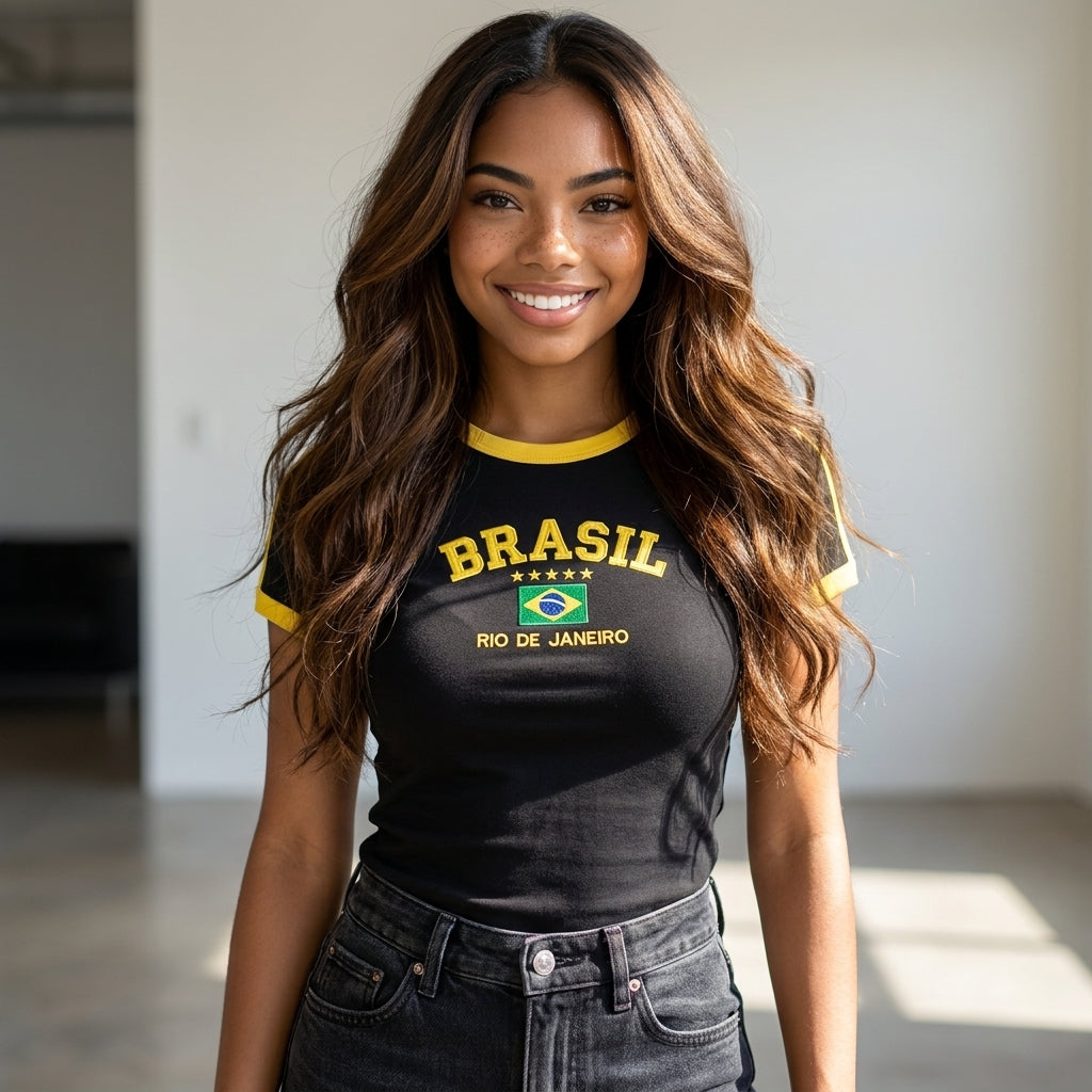 Babylook Brasil Feminina Bordada Copa 2026 🇧🇷 | 100% Algodão | Versão Brasileira ELAVSO