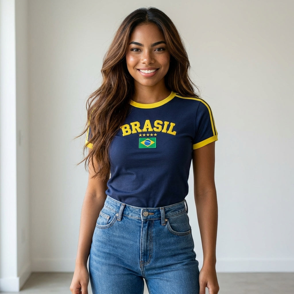 Babylook Brasil Feminina Bordada Copa 2026 🇧🇷 | 100% Algodão | Versão Brasileira ELAVSO